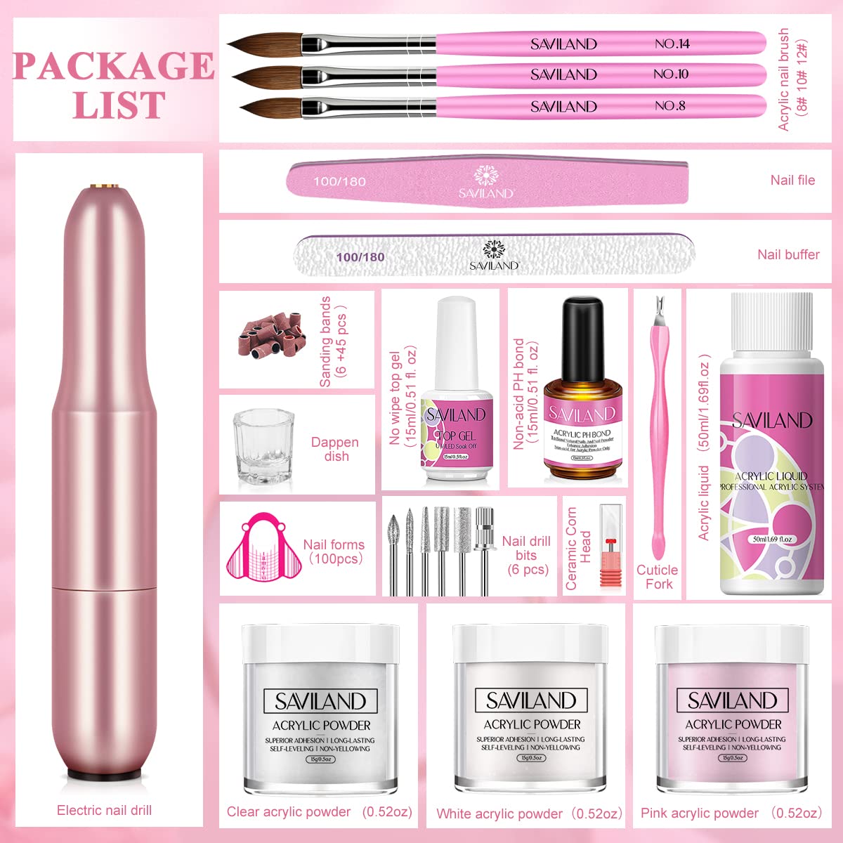 Saviland Kits De Uñas AcríLicas Para Principiantes: Polvo AcríLico Rosa Blanco Transparente, Cepillo De Uñas Líquido AcríLico, Taladro Eléctrico Para Uñas, Imprimación Para Uñas
