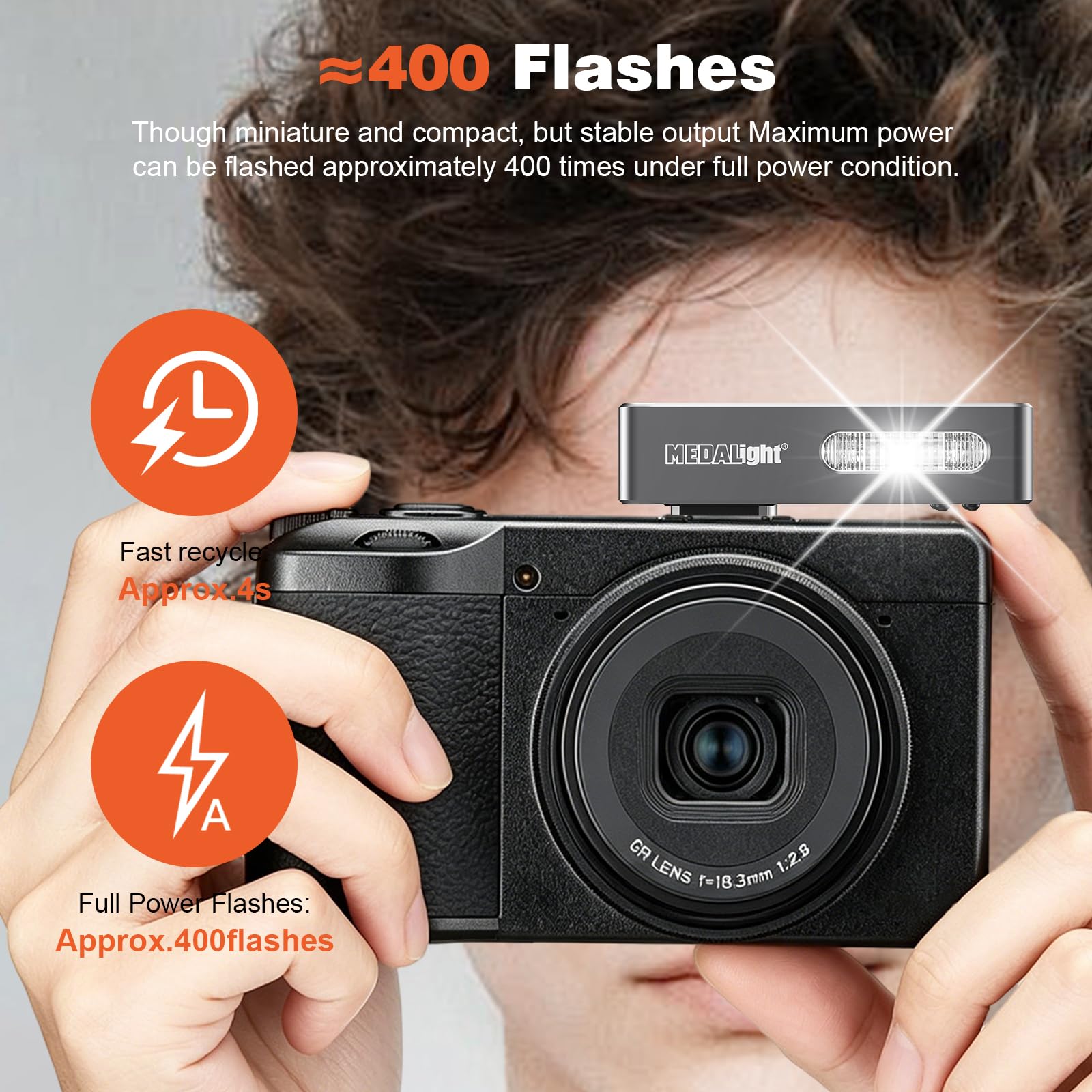 MEDALight F20 Mini flash per fotocamera GR IV, alluminio Hot Shoe Speedlite compatibile per RICOH GR IV/GR 3/GR 3X, 6200K, 2 livelli di potenza flash manuale portatile (grigio).