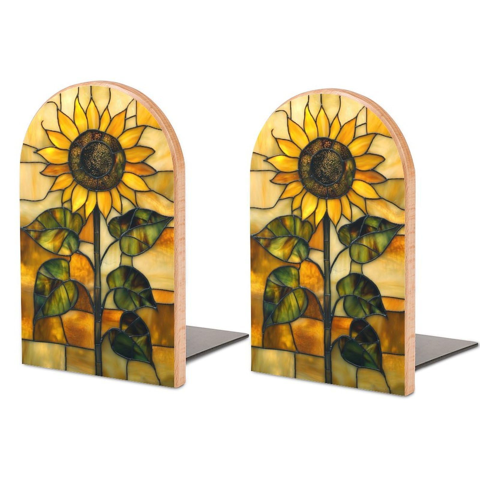 Stained Glass Piece A Sunflower And Leaves Wooden Bookends Shelves 2 PCS Sturdy Book Holders Desktop Organizer for Home Office Libraries