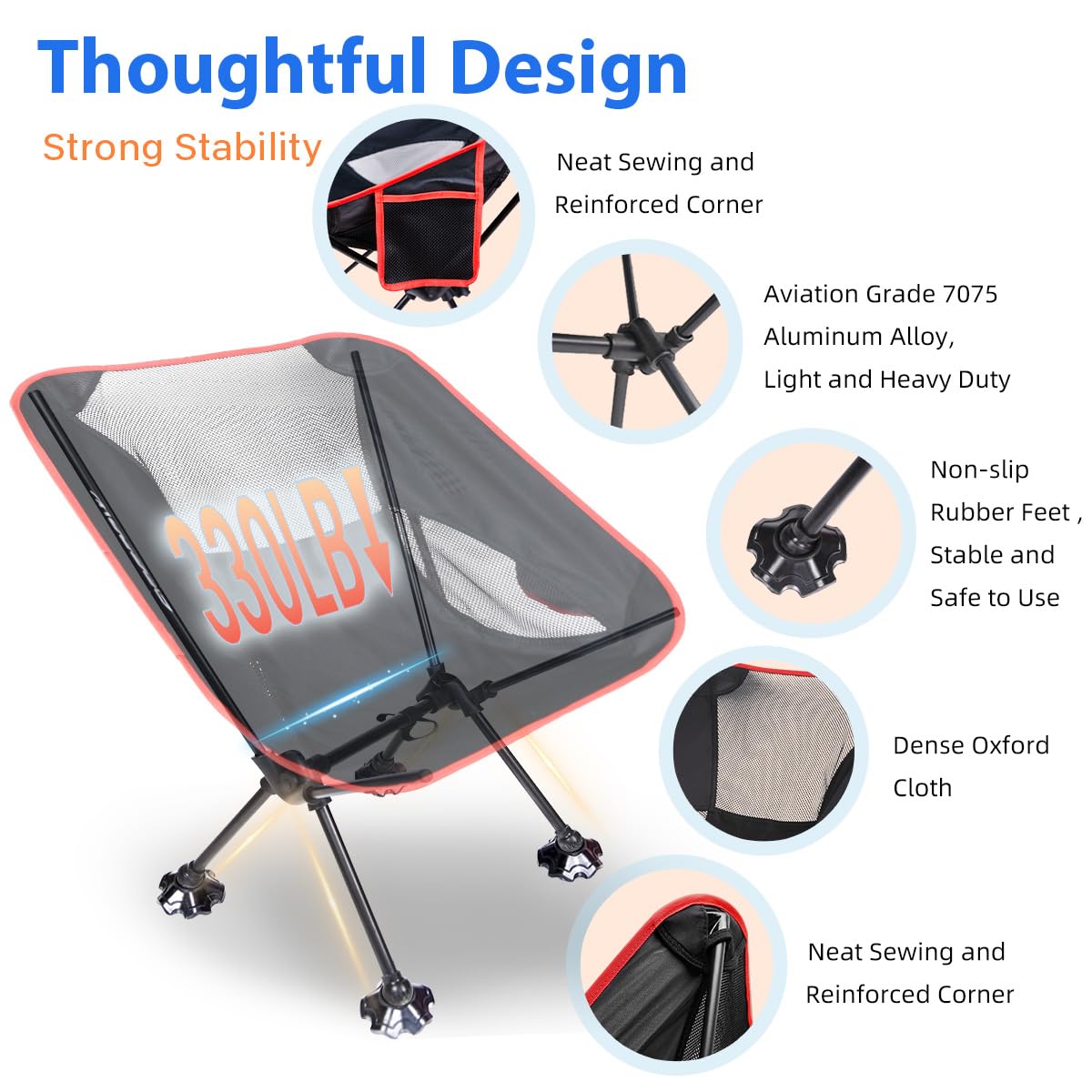 CFGROW Silla de camping plegable, portátil, 150 kg, ultraligera, tamaño pequeño, plegable, con bolsa de transporte, para picnic, pesca, jardín, senderismo, exteriores, color negro