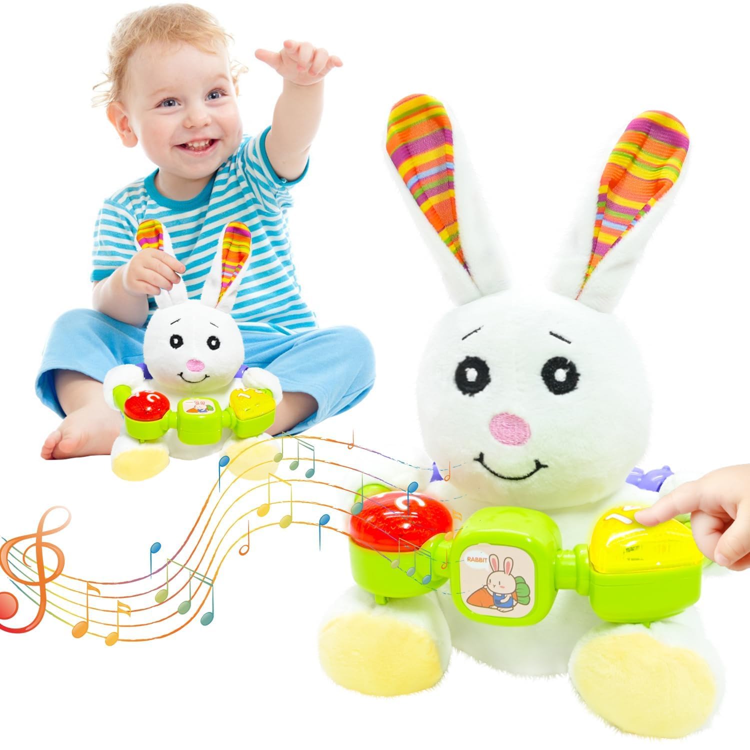 BOLZRA Baby Bunny Plush Musical Toys, Rabbit Stuffed Animals Singing Rabbit Playset with Learning Education Birthday Gift for Toddlers Aged 0-3 Years