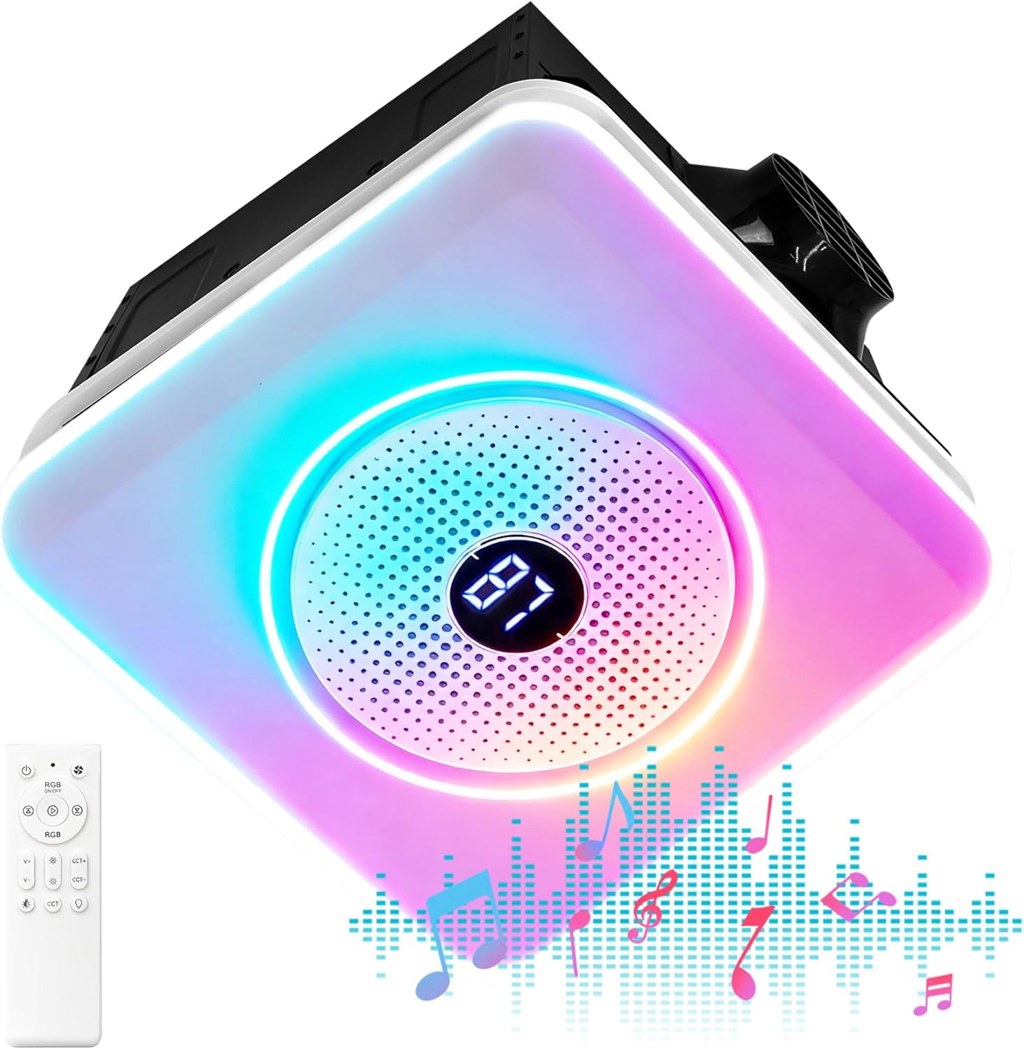 Bathroom Exhaust Fan with Bluetooth Speaker,Bathroom Fan Light,Plug&Play,230 CFM 1.0 Sone,Strong Wind Force&Quiet,Noise-cancelling Bluetooth dual speakers,7color dynamic&3color lighting,3year warranty