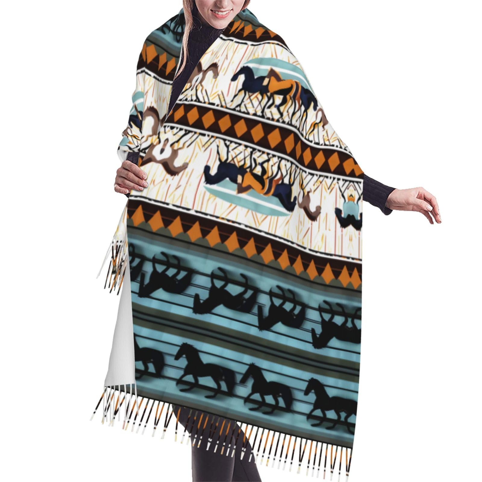 Horse Stripes Pattern Scarf Classic Soft Fringed Scarf Long Shawl for Women.