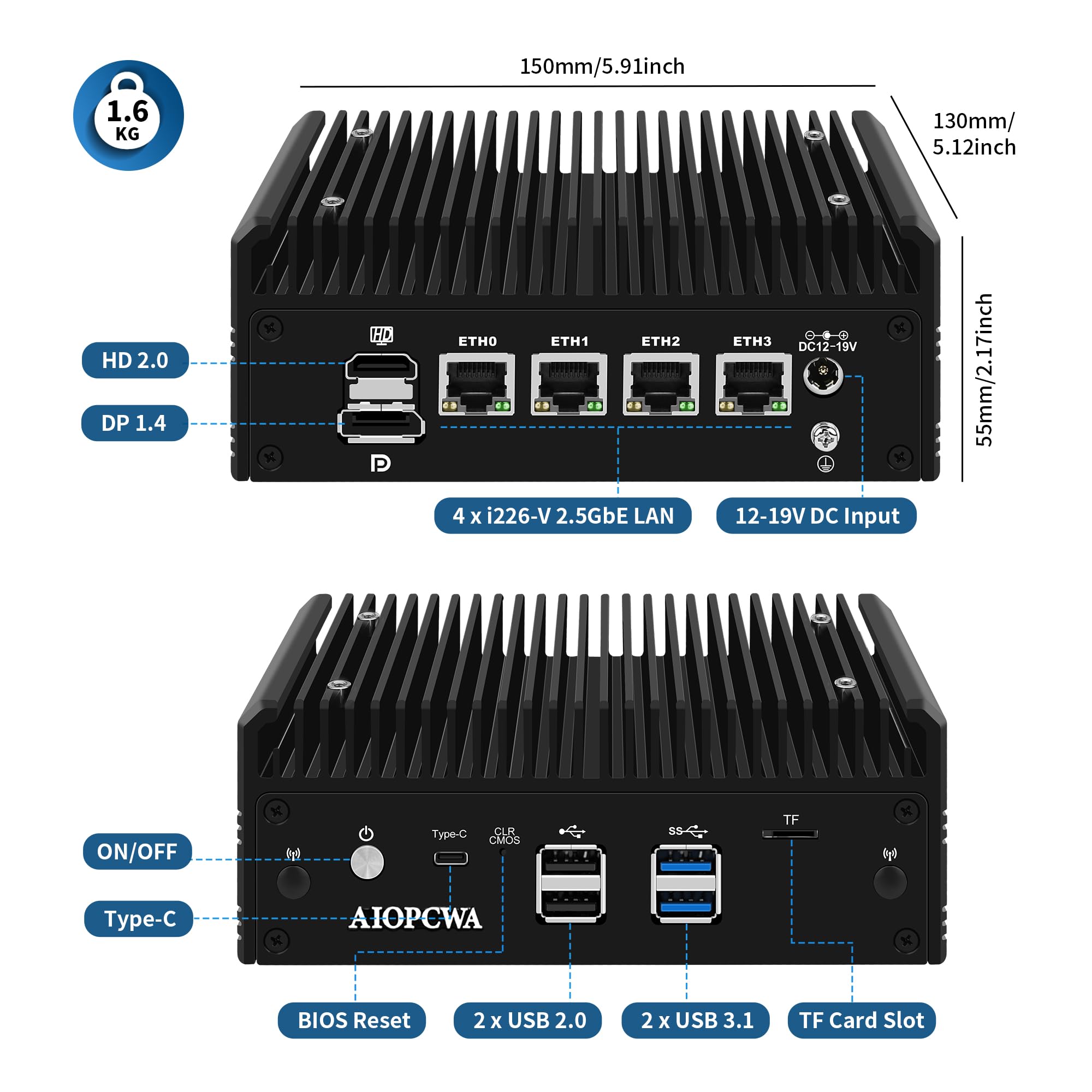 Mini PC AMD Ryzen 5 5500U Firewall Appliance, Fanless Mini Computer 4 Port 2.5GbE i226-V LAN, OPNsense Micro PC Barebone NO RAM/SSD/OS, USB-C, 3-Display, 2-NVMe, 2-SATA, TF