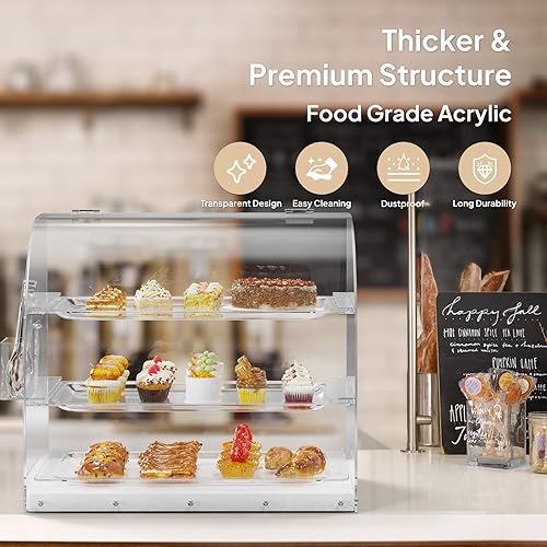 Miniatura 2 de ROVSUN Estuche de exhibición de pastelería de 3 bandejas, vitrina comercial de panadería, estuche de pastelería acrílico con bandejas extraíbles,