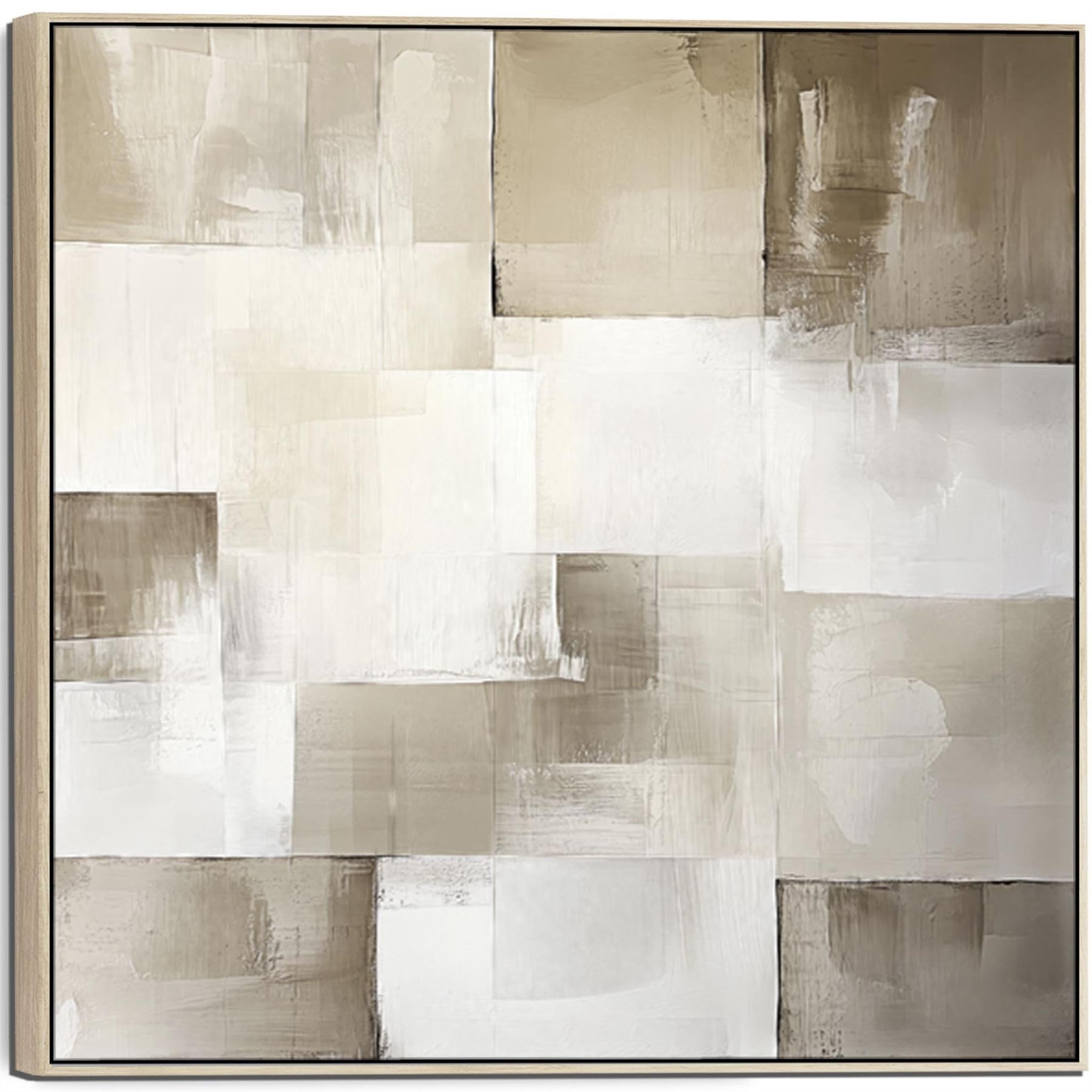 Wallfillers Beige Neutral Entrance Hallway Neutral Abstract Artwork Canvas Print Framed Beige (100Cm X 100Cm)