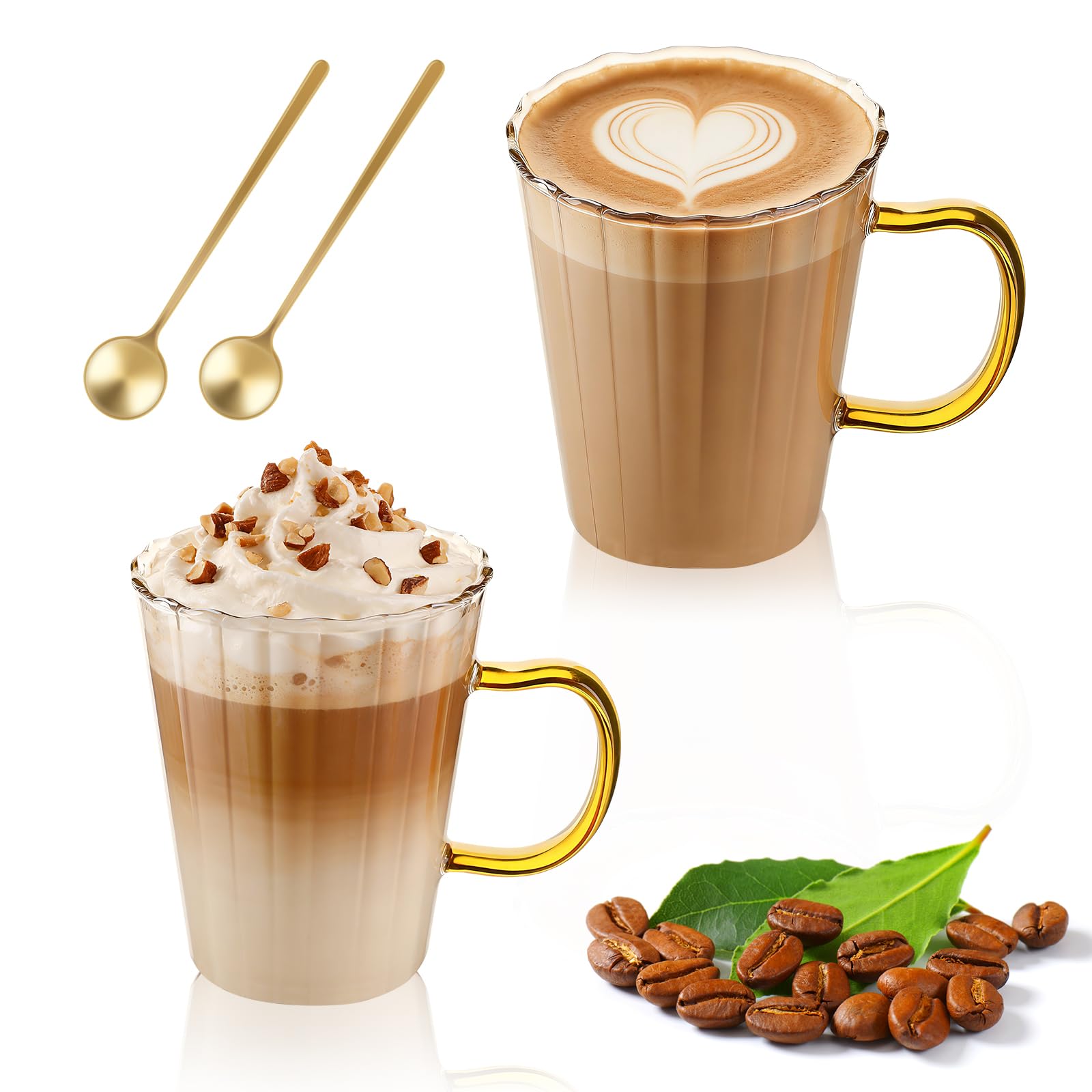LOOFORE Glass Coffee Mugs 350ml Set of 2, Classic Stripe Latte Glasses for Hot/Cold Drinks with Handle & Spoon, Borosilicate Clear Ribbed Tea Cups for Cappuccino Macchiato Espresso Tea Milk Juice Beer