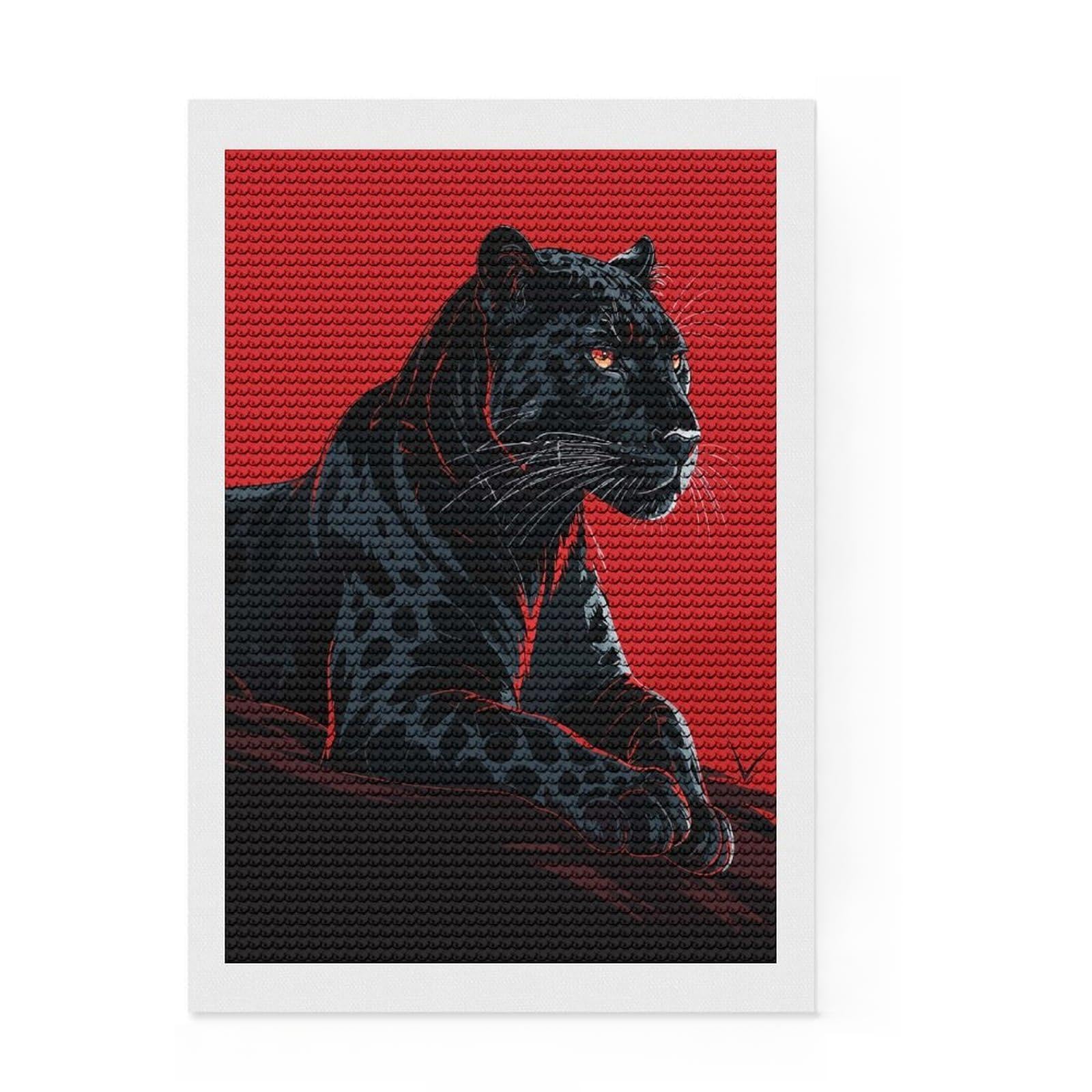 Junmoney Black Panther Illustration on Red Background Diamond Art Canvas 8"x12", for Women, Simple to Start, Modern Decor, Gift Idea, Nice Detail and Sparkle