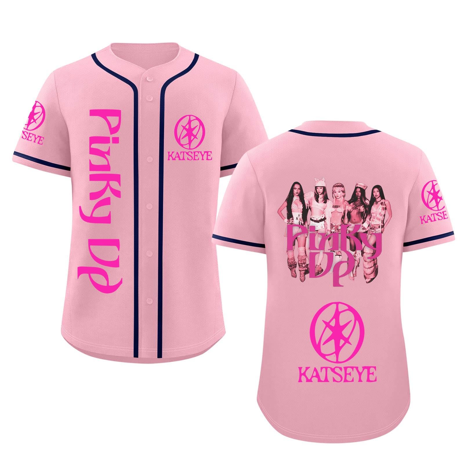 Katseye Tshirt Beautiful Chaos Album Pinky up Baseball Jersey Short Sleeve Button Down Casual Hip Hop Katseye Merch Baseball Jersey for Fans Men Women 03-Pink XXL