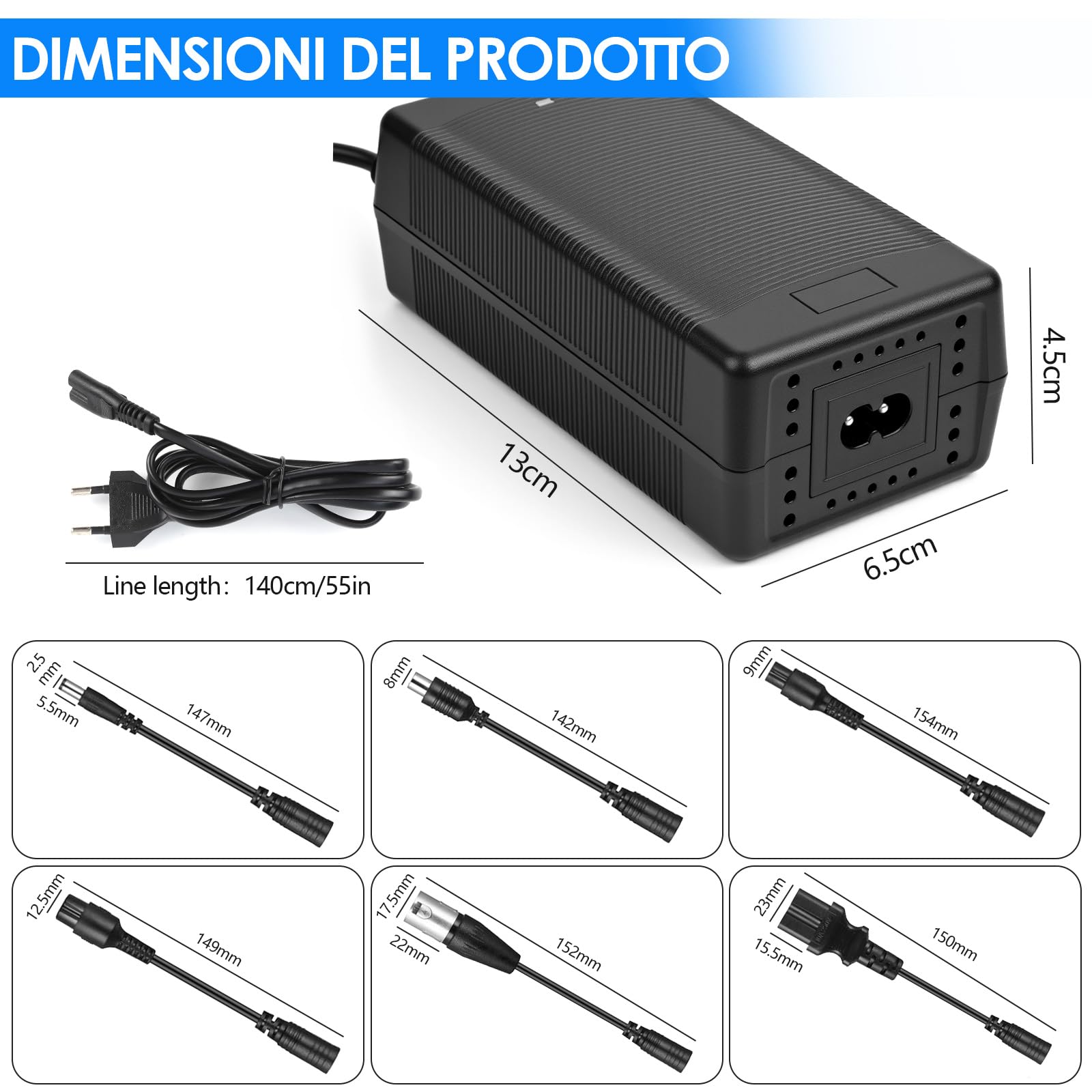 Pfloge Caricatore Monopattino Elettrico per Scooter, 54.6V 2A Caricatore Bici Elettrica con Ventilatore e 6 Connettori, Caricatore Hoverboard per Batteria Universale al Litio da 48 V