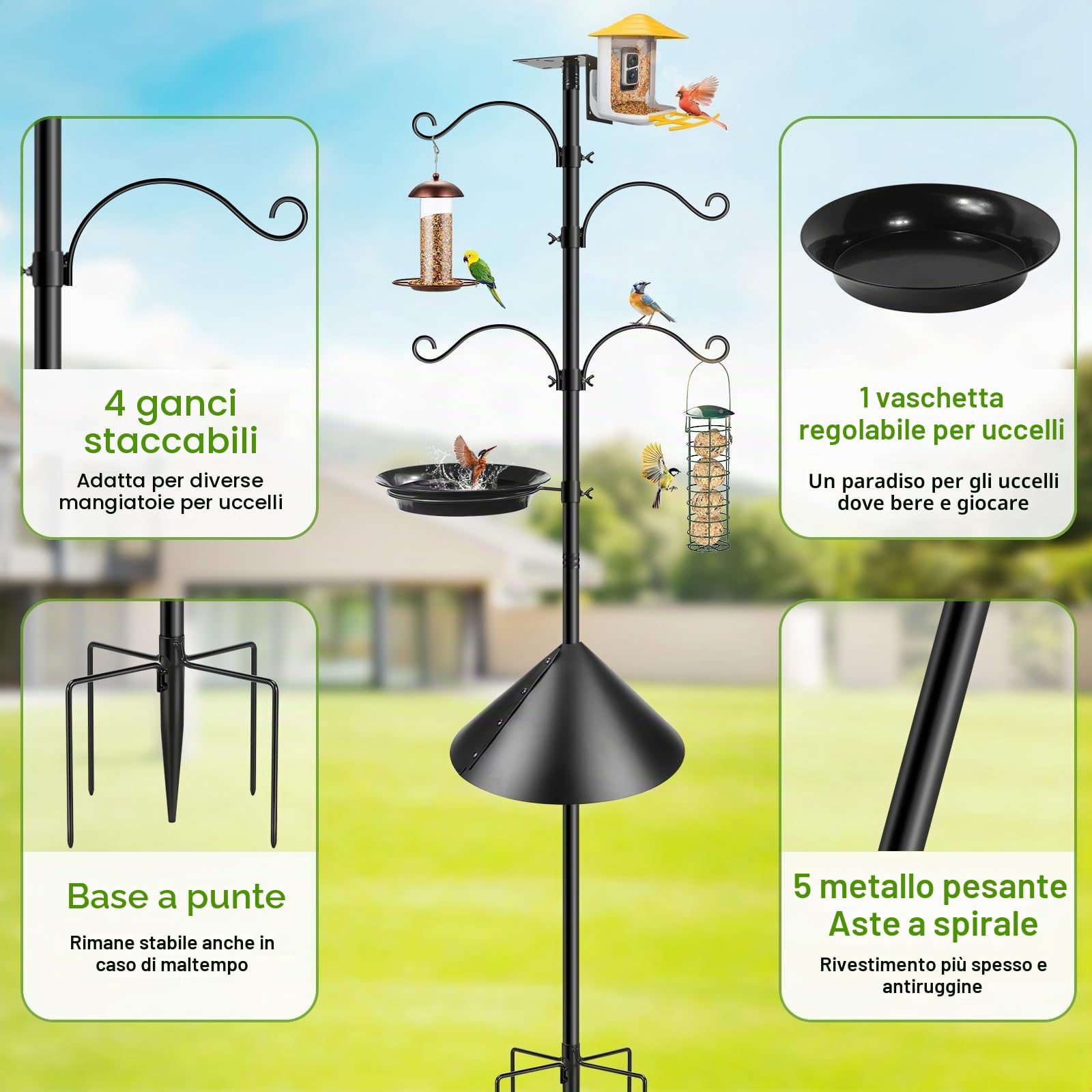 234 cm Mangiatoia per uccelli da esterni, Supporto Stazione Alimentazione Uccelli, Base Metallica Regolabile 5 Denti, Terrazza Decorazione Giardino (Senza Casetta) Kit Completo