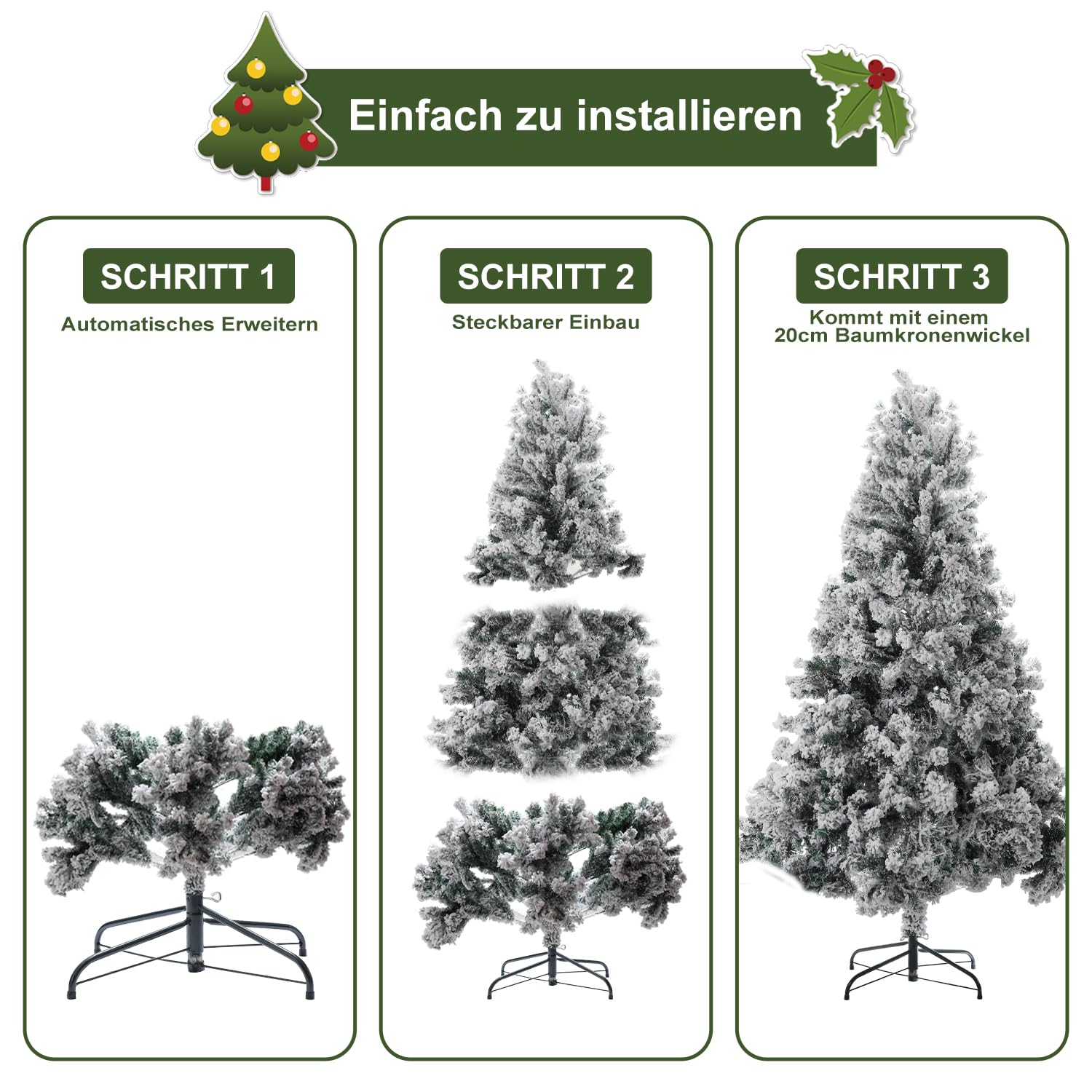 Choinka ze śniegiem, 150 cm, sztuczna choinka z metalowym stojakiem, igły PCW z białymi imitacjami płatków śniegu, sztuczne drzewko bożonarodzeniowe, system składania zielony