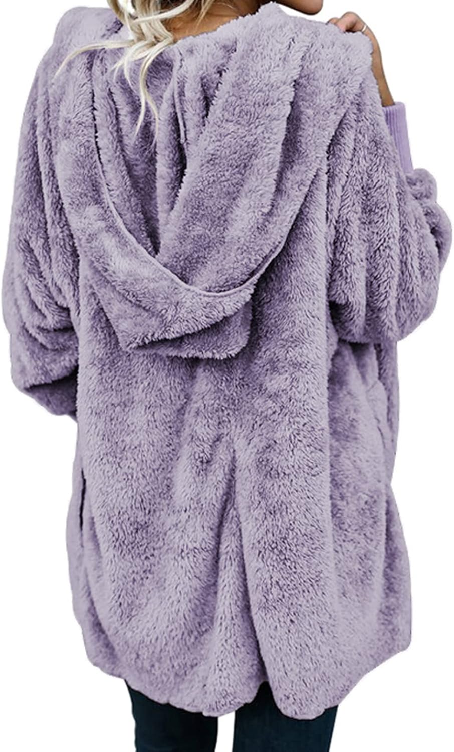 Dokotoo Womens 2025 Winter Long Sleeve Solid Fuzzy Fleece Open Front Hooded Cardigans Jacket Coats Outerwear with Pocket - Image 2