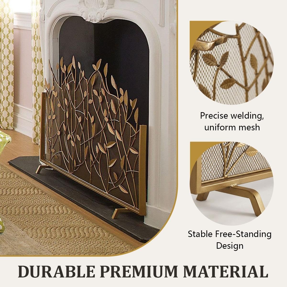 Parascintille per Camino a 1 Pannello in Ferro Battuto, Parafuoco Dorato | Schermo in Rete Stile Retrò, Barriera Decorativa Curva per Camino(Black,W96CM/38IN)