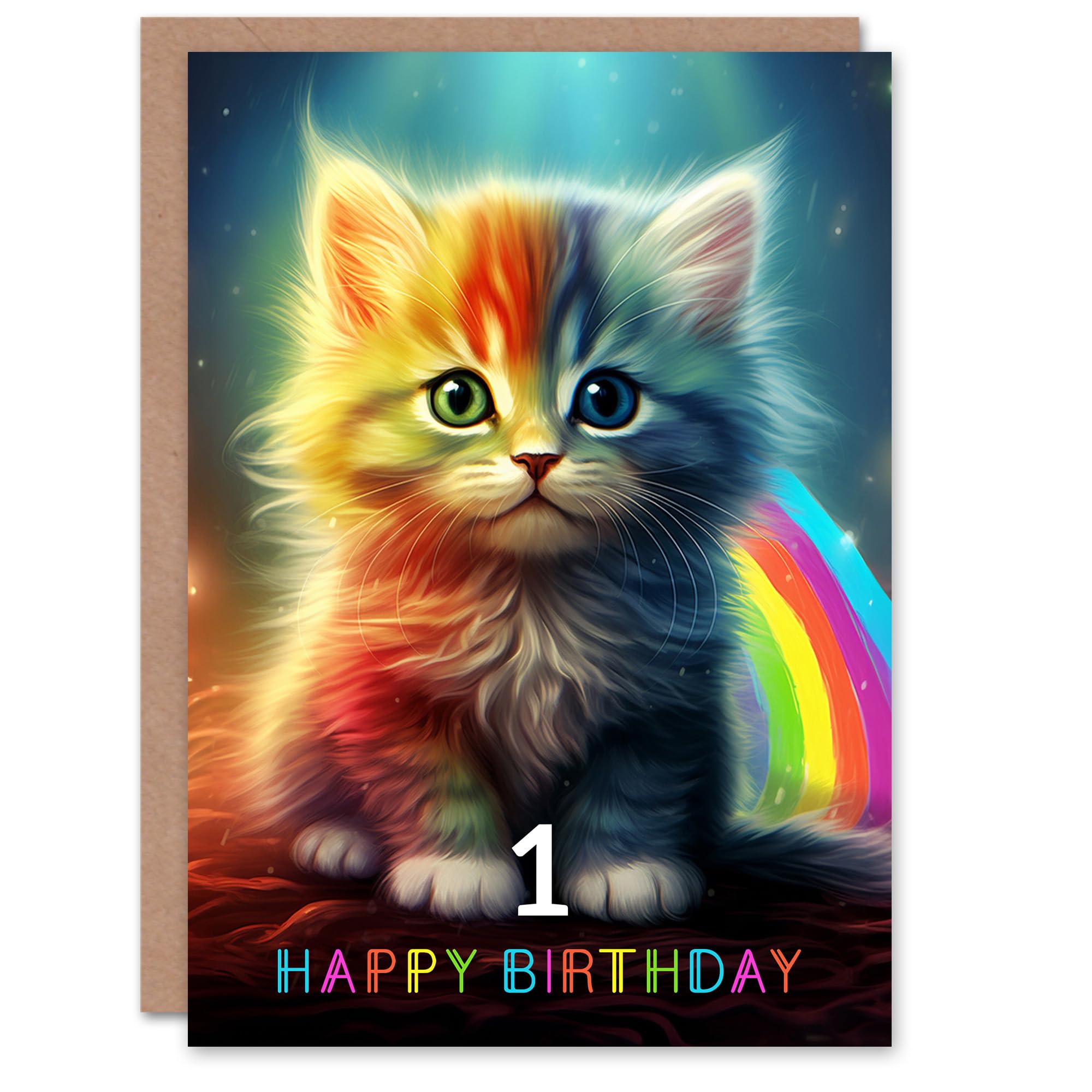 Artery8 Kids Greeting Card - Rainbow Kitten - Age 1 - Blue