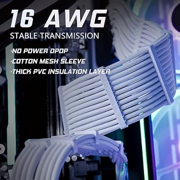 AsiaHorse 16AWG PC Cable Extension Kit and ARBG Extension Cable Cover Kit for Motherboard and GPU PC Cables, 5V 3Pin ARGB Sync, Fit for 12+4-Pin/8pin/24pin Cables (White)