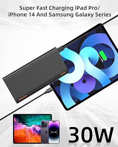 Miniatura 9 de imuto Cargador portátil delgado, banco de energía listo para viajar de 10000 mAh, batería de carga de alta velocidad USB-C de 30 W, cargador de