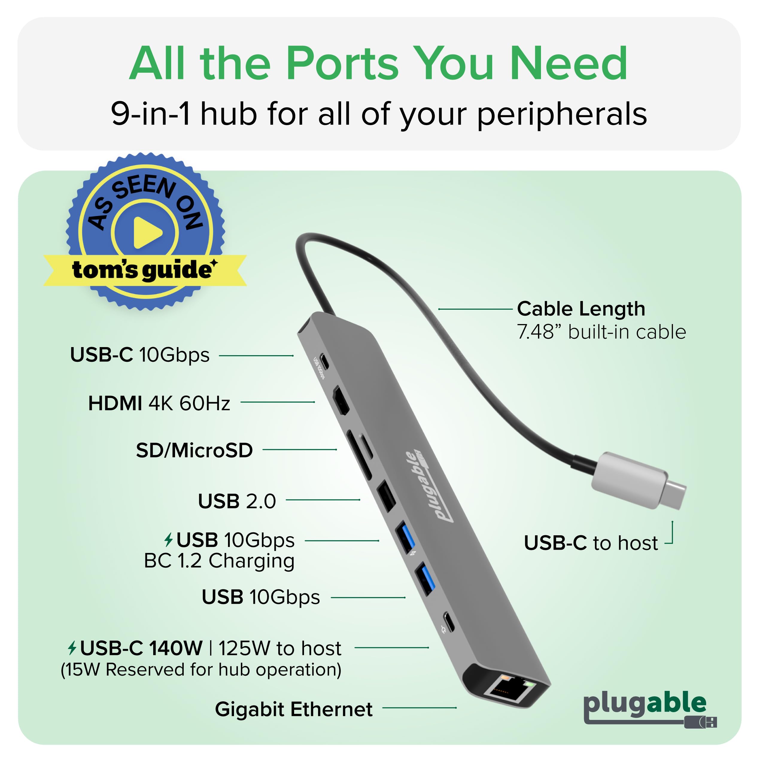 Plugable Hub USB-C 9 en 1 avec alimentation de 140 W