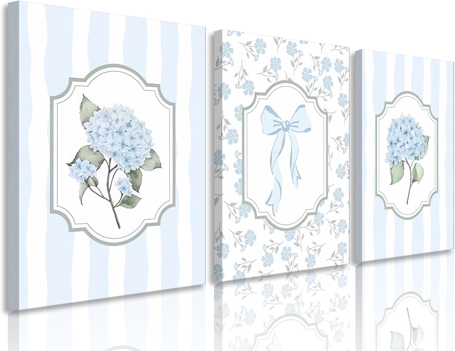 3Pcs Framed Light Blue Hydrangea Bow Canvas Wall Art Trendy Striped Flower Botanical Wall Decor Pictures Coastal Preppy Poster Prints for Bedroom Living Room Home Decoration 12x16in