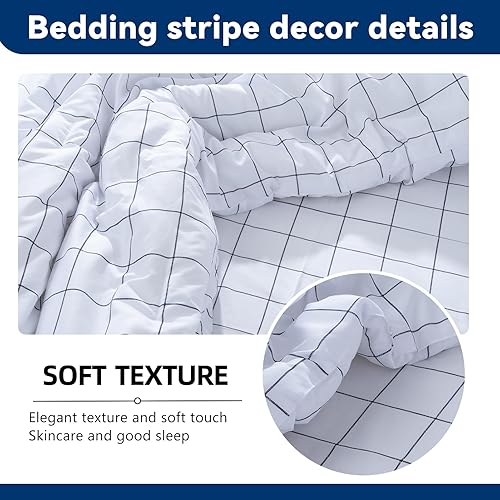 Miniatura 3 de Juego de edredón a rayas para todas las estaciones, suave y transpirable. (individual, blanco)