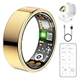 Ring Health Tracker for Women Men, Fit Ring with Heart Rate, Blood Oxygen, Sleep Monitor, Calories, Step Counter, IP68 Waterproof Smart Ring for iPhone & Android, No Subscription Fee (Gold, 8#)