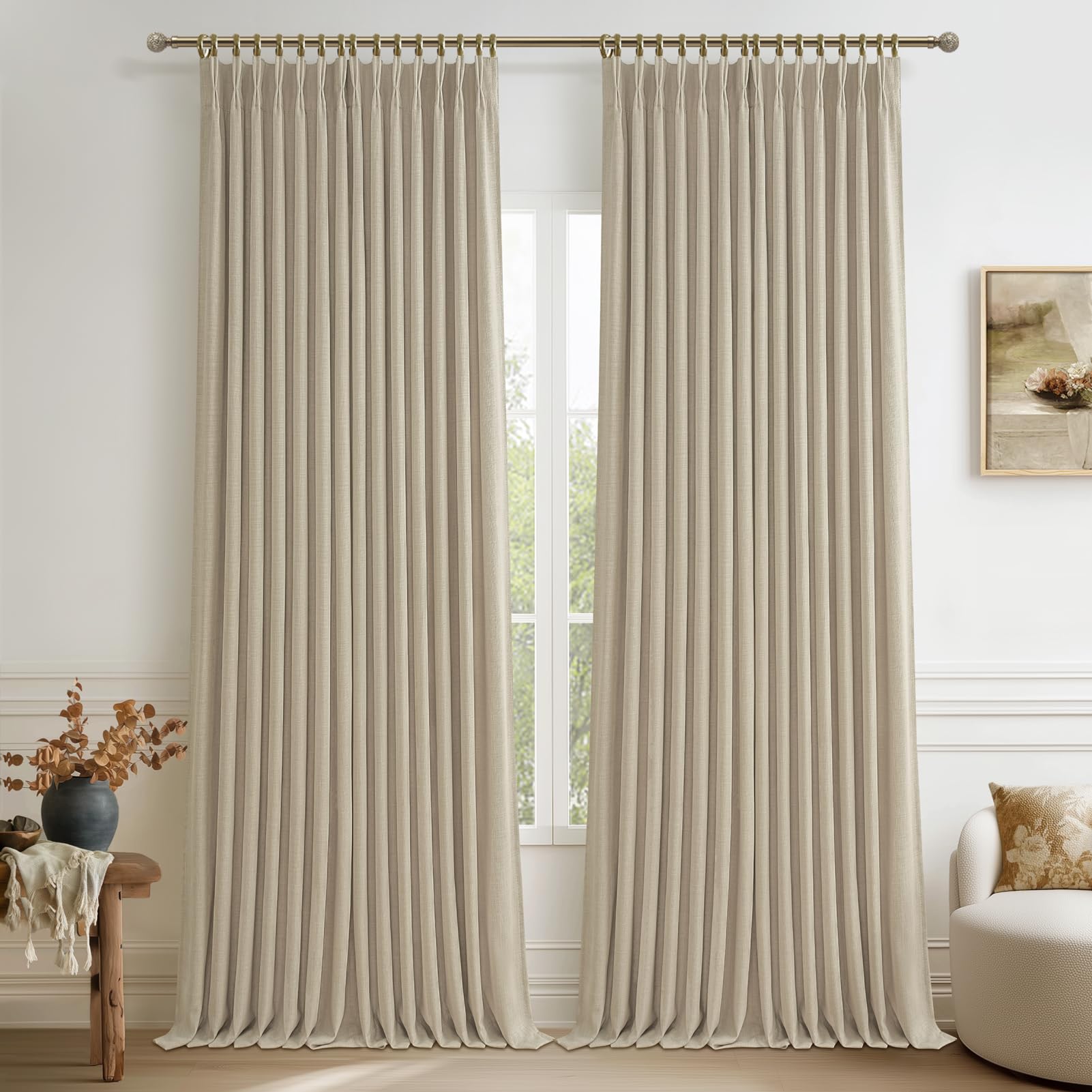 Photo 1 of Extra Wide 70 Inch Taupe Pinch Pleat Blackout Curtains 92 Inches Long 2 Panels Set for Office, Memory Shape Double Layer Natural Linen Farmhouse Window Drapes Heart Blocking Curtain with Hooks & Rings