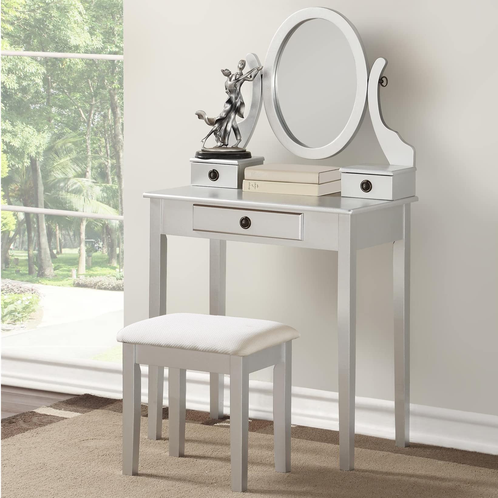 aphrophina Stylish Wood Makeup Vanity Table and Stool Set with Adjustable Mirror, 3 Storage Drawers, Silver Finish