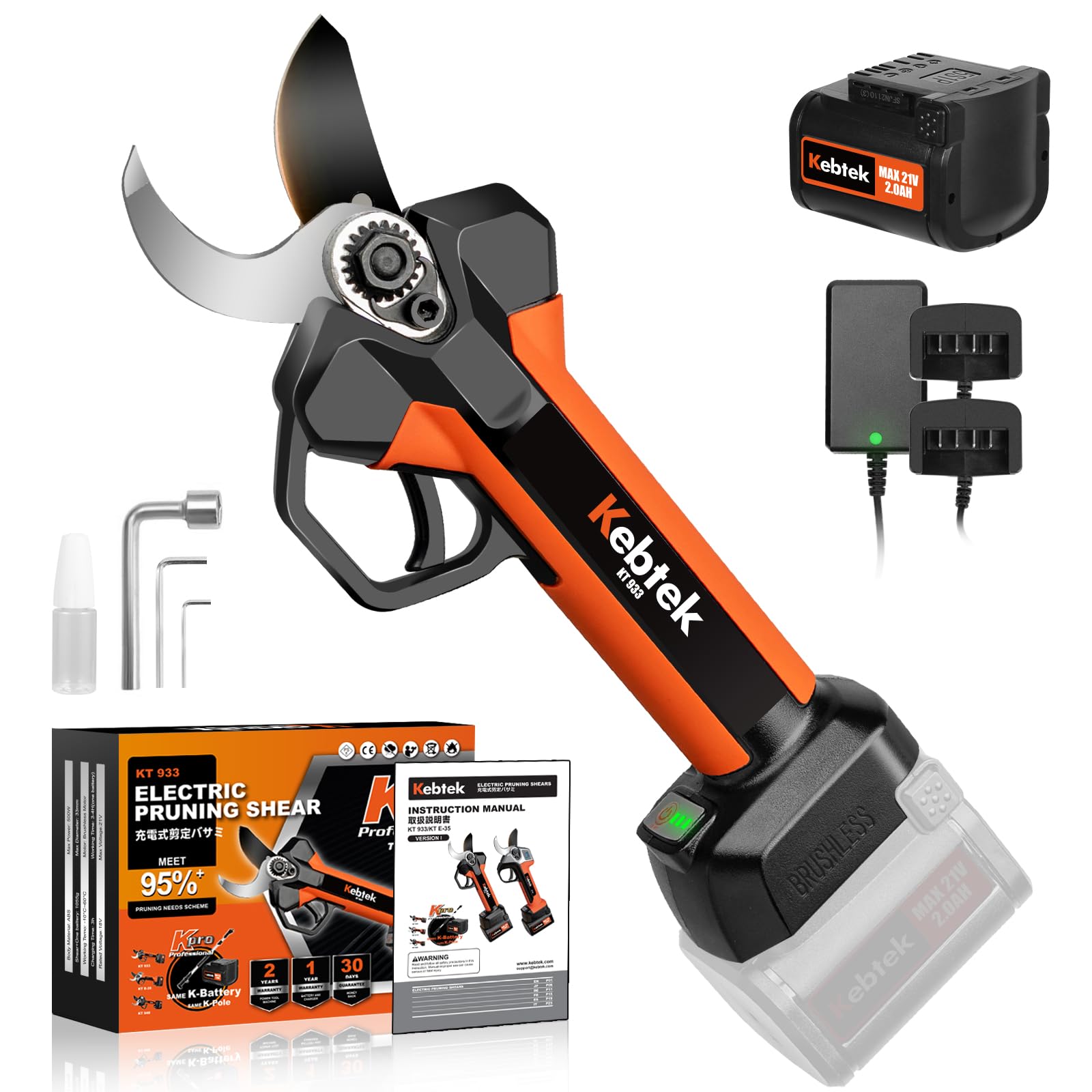 Professional Pruning Shears Battery Powered, 33MM Electric Pruner Branch Cutter Cordless Heavy Duty with 1 Pack 2Ah Rechargeable Batteries Brushless Motor