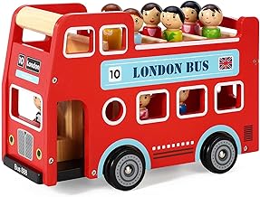 SOKA Wooden Original Double Decker Red Classic London Sightseeing Bus with Driver & Passenger Figurines Toy Playing Set Miniature Display Model Figures for Kids Children Girls Boys Ages 18 month +