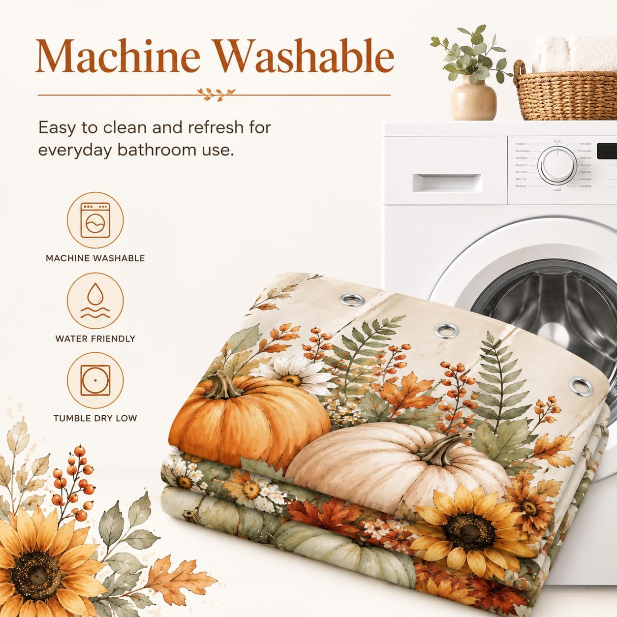 Hello Fall Shower Curtain, Watercolor Pumpkins Sunflowers and Floral Leaves on White Wood, Boho Watercolor Pumpkin Rustic Farmhouse Autumn Bathroom Decor, Fabric 72x72 Inch
