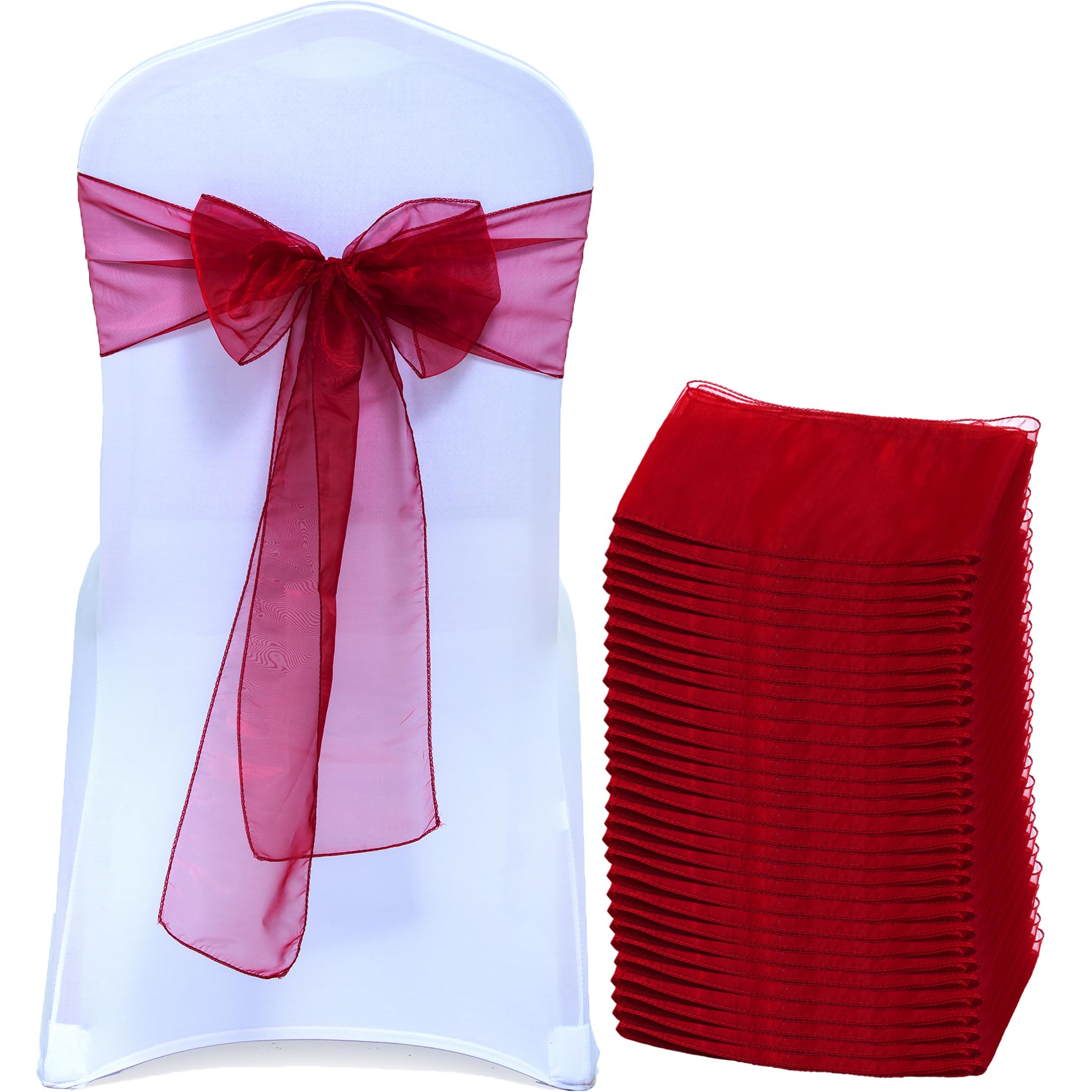 EDecor Pack of 25 Organza Chair Sashes for Wedding & Party Decorations – Reusable Sheer Chair Bows Tie Back for Banquet Chairs, Bridal Shower, Birthday, Reception Event Styling Décor - Maroon