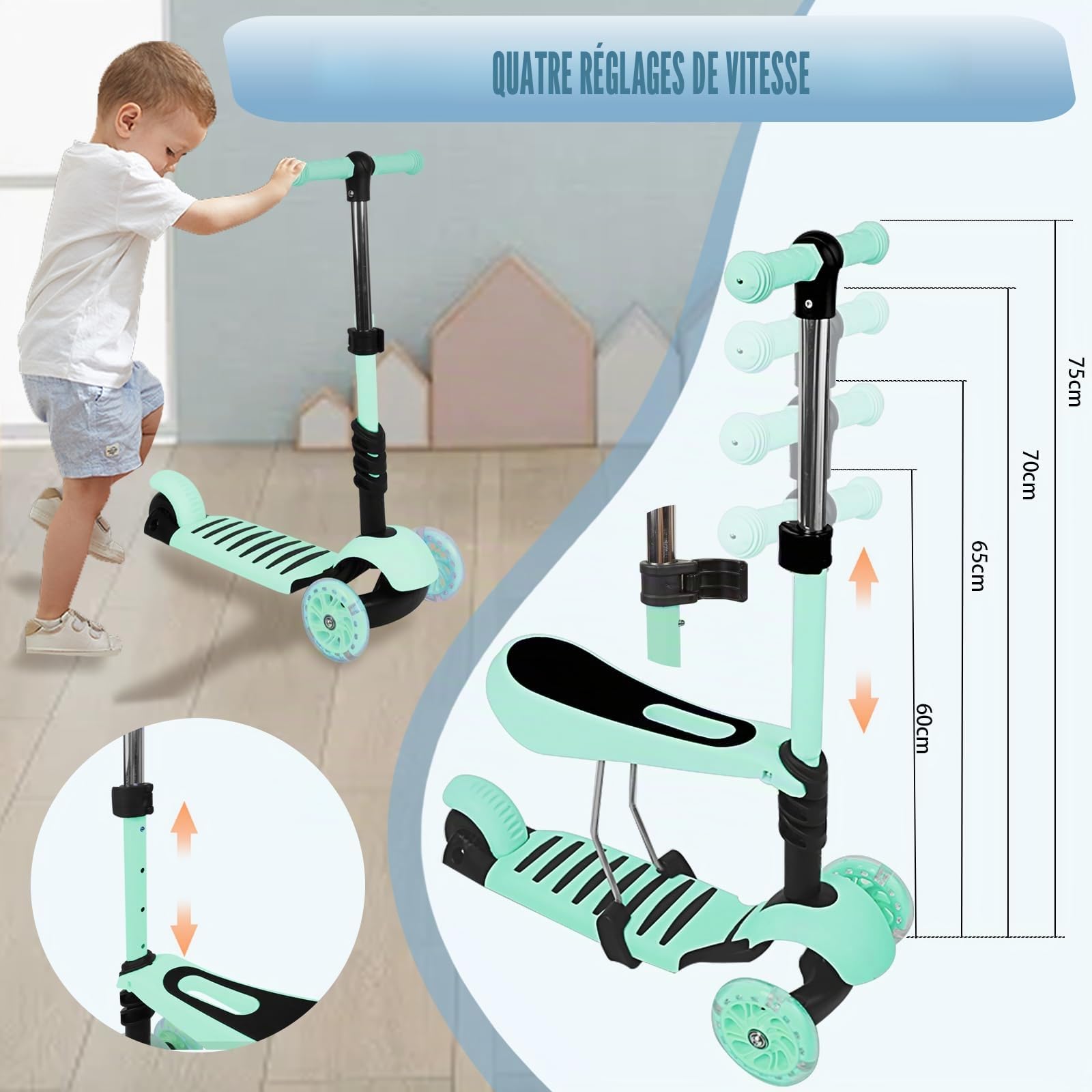 Trotinette Enfant 2-8 Ans 3 en 1 avec siège Amovible Trotteur évolutive Roues Lumineuses sans Pile Pliable