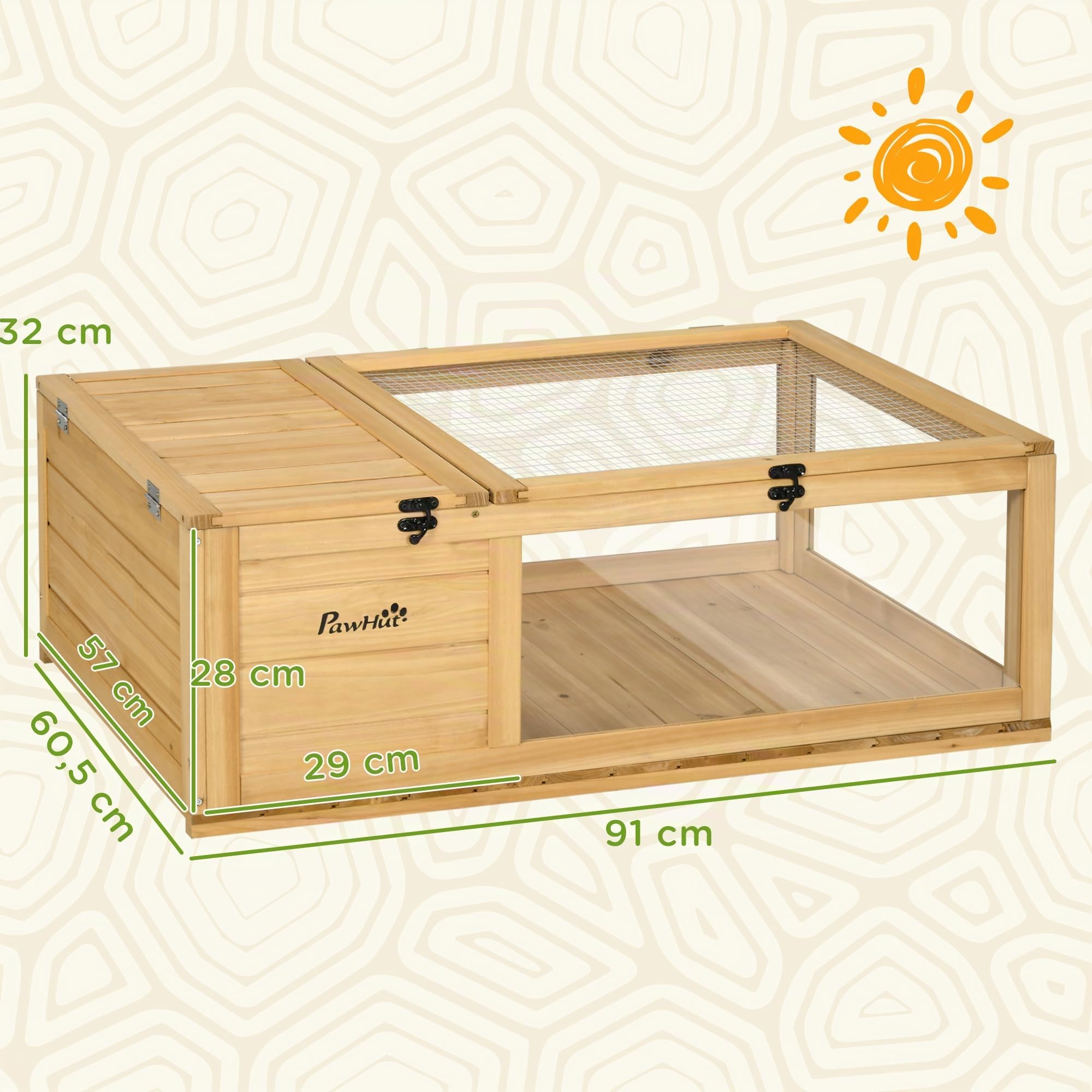 PawHut Casa per tartarughe in legno, terrario per rettili con tetto in rete, pannelli laterali trasparenti estraibili e chiavistello di sicurezza, capannone per tartarughe, 91 x 60,5 x 32 cm, naturale