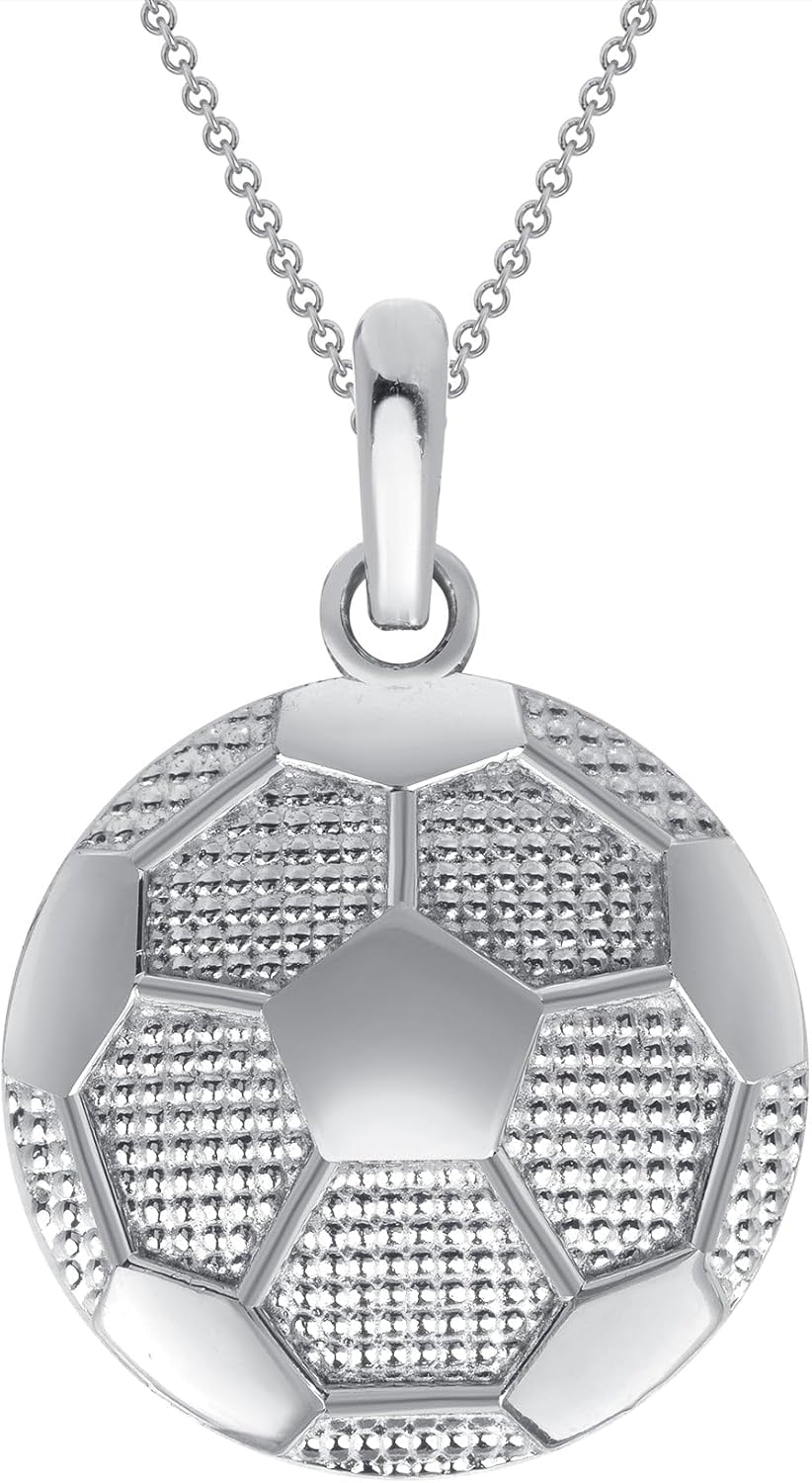 Sterling Silver Large Flat Soccer Ball Pendant Necklace, Sports Charms For Men And Women, Hip Hop Jewelry And Soccer Gifts For Men On Birthday, Made In USA