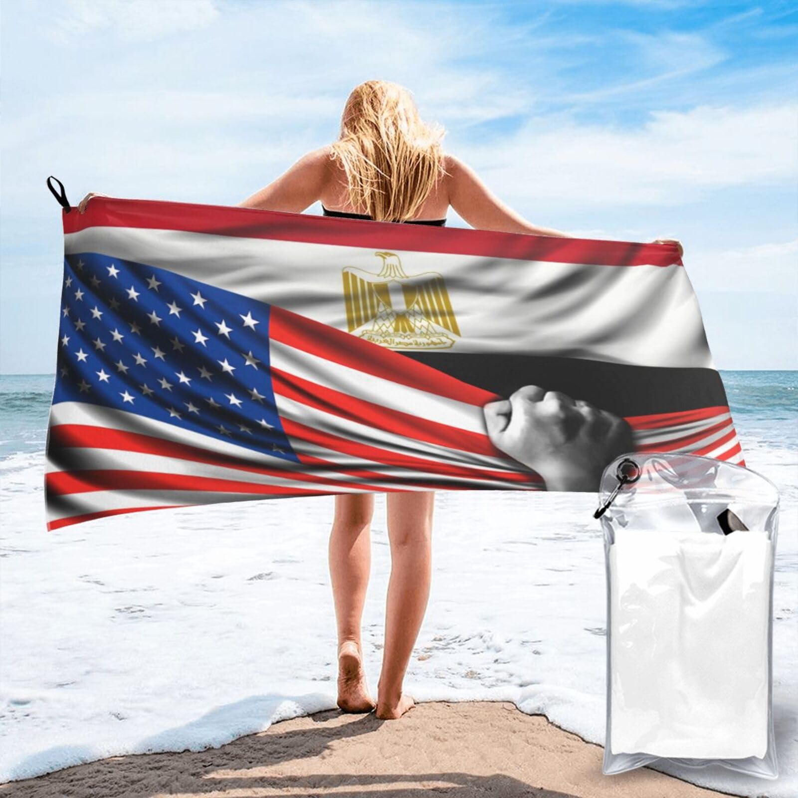 HACXZ Beach Towel America Flag and Egypt Egyptian Flag Microfiber Beach Towel Lightweight Absorbent 31.5"X63"