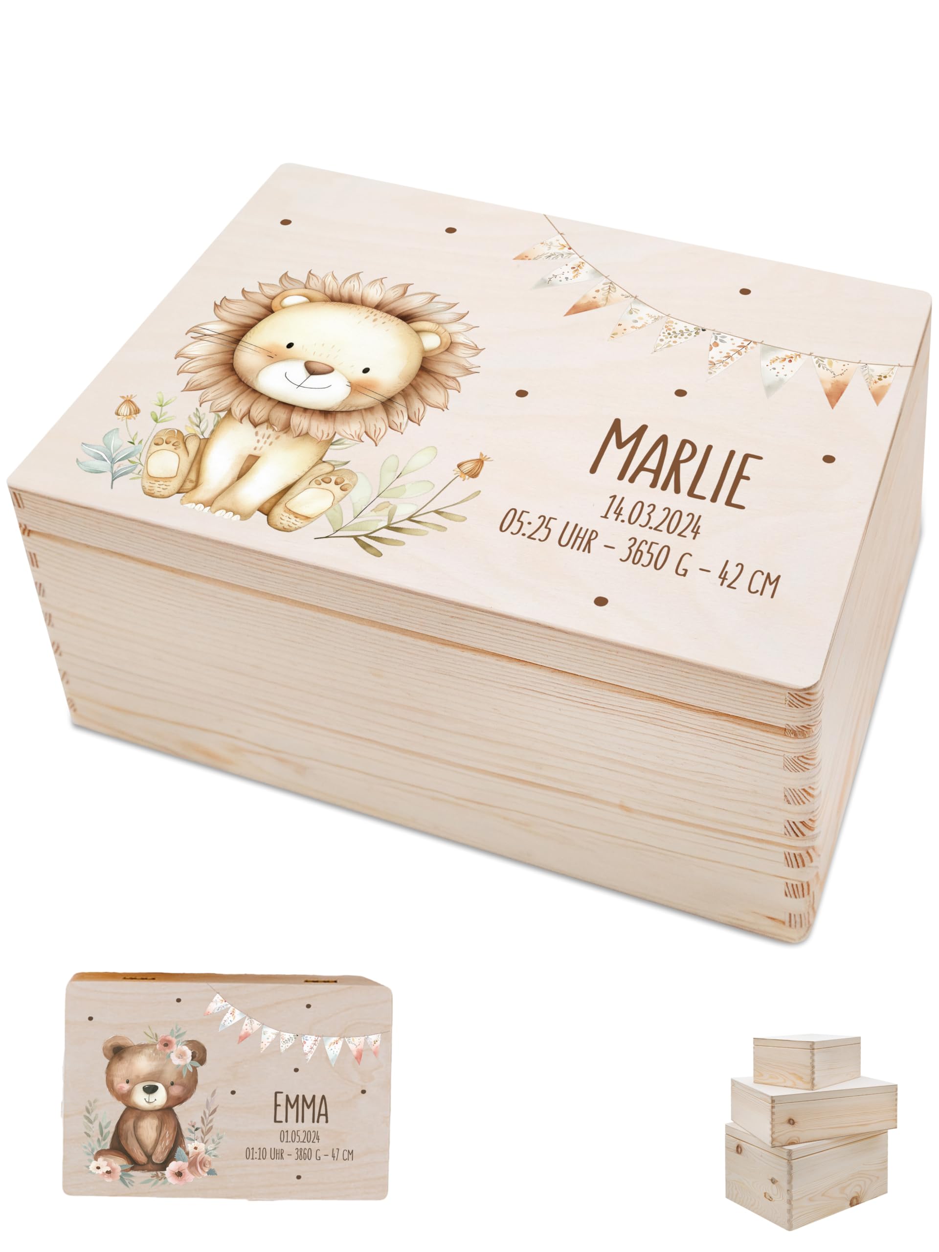 Bärenfreunde - Personalisierte Erinnerungsbox Baby mit Spezial-Druck - Individuelle Baby Erinnerungsbox - Erinnerungskiste aus Holz - Geschenk zur Geburt (M | Klappdeckel,Löwe Zweige Girlande)