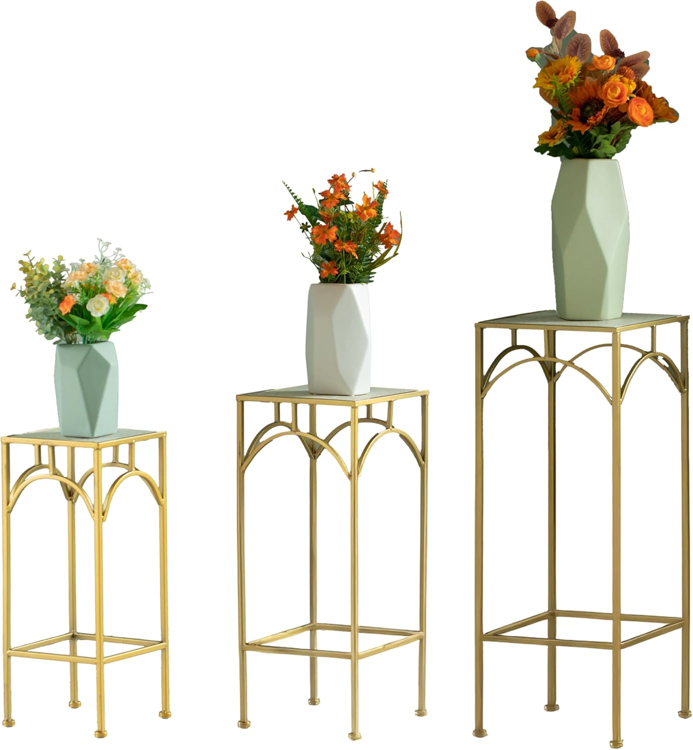Decorative Gold Metal Square Plant Stand, Modern White Marble Look Top Display End Side Table, Set of 3