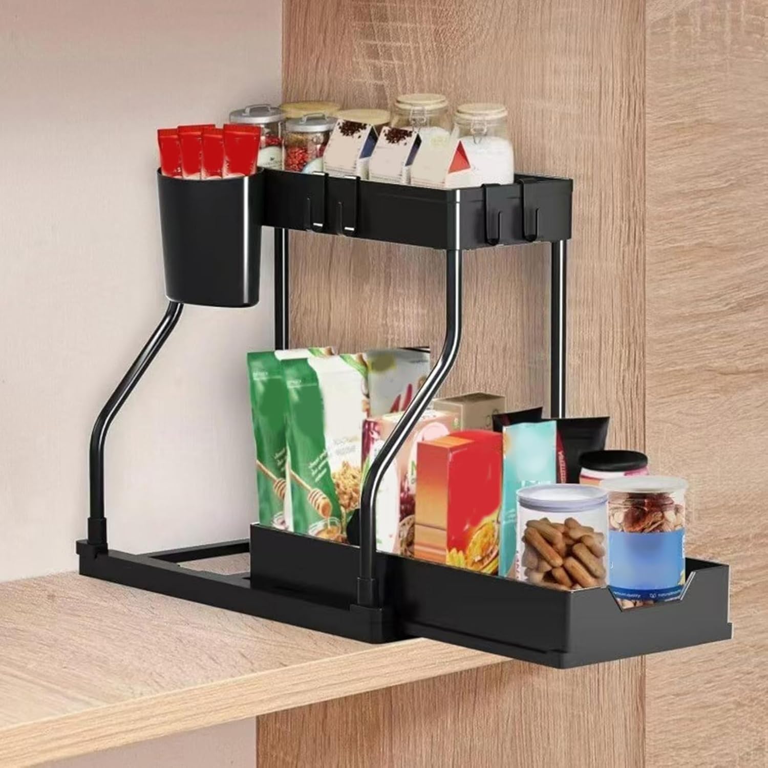 R Pull Out 2 Shelf Storage Rack Easy Access for Kitchen Bathroom Pull Out R Shaped Shelf