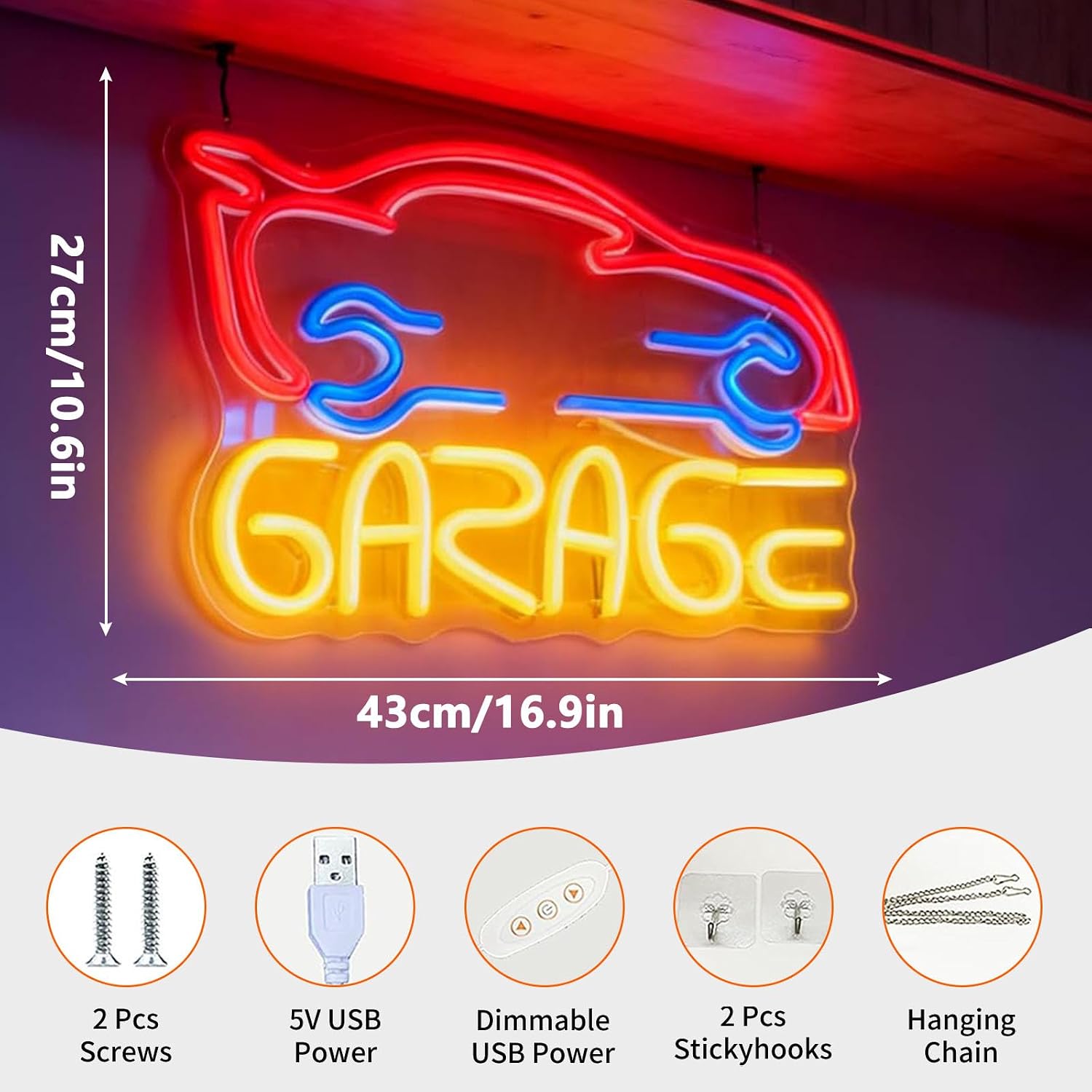 Garage LED Neon Sign, Garage Workshop Light Up Signage, USB Powered Dimmable Decorative Neon Light for Home Automotive Space Man Cave Wall Table Decor