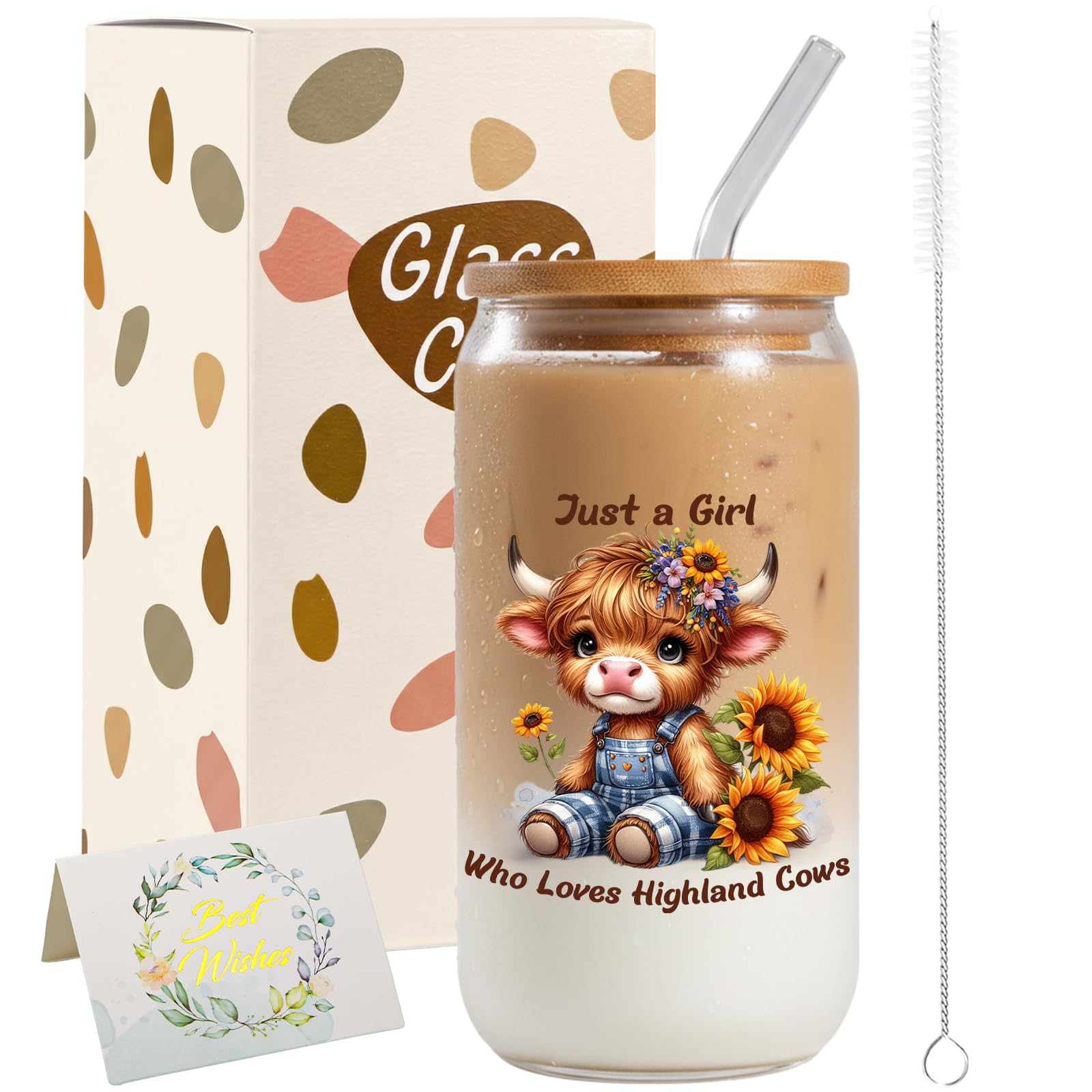 JEKUGOT Highland Cow Gifts Glass Cup with Lid and Straw, Gift for Women