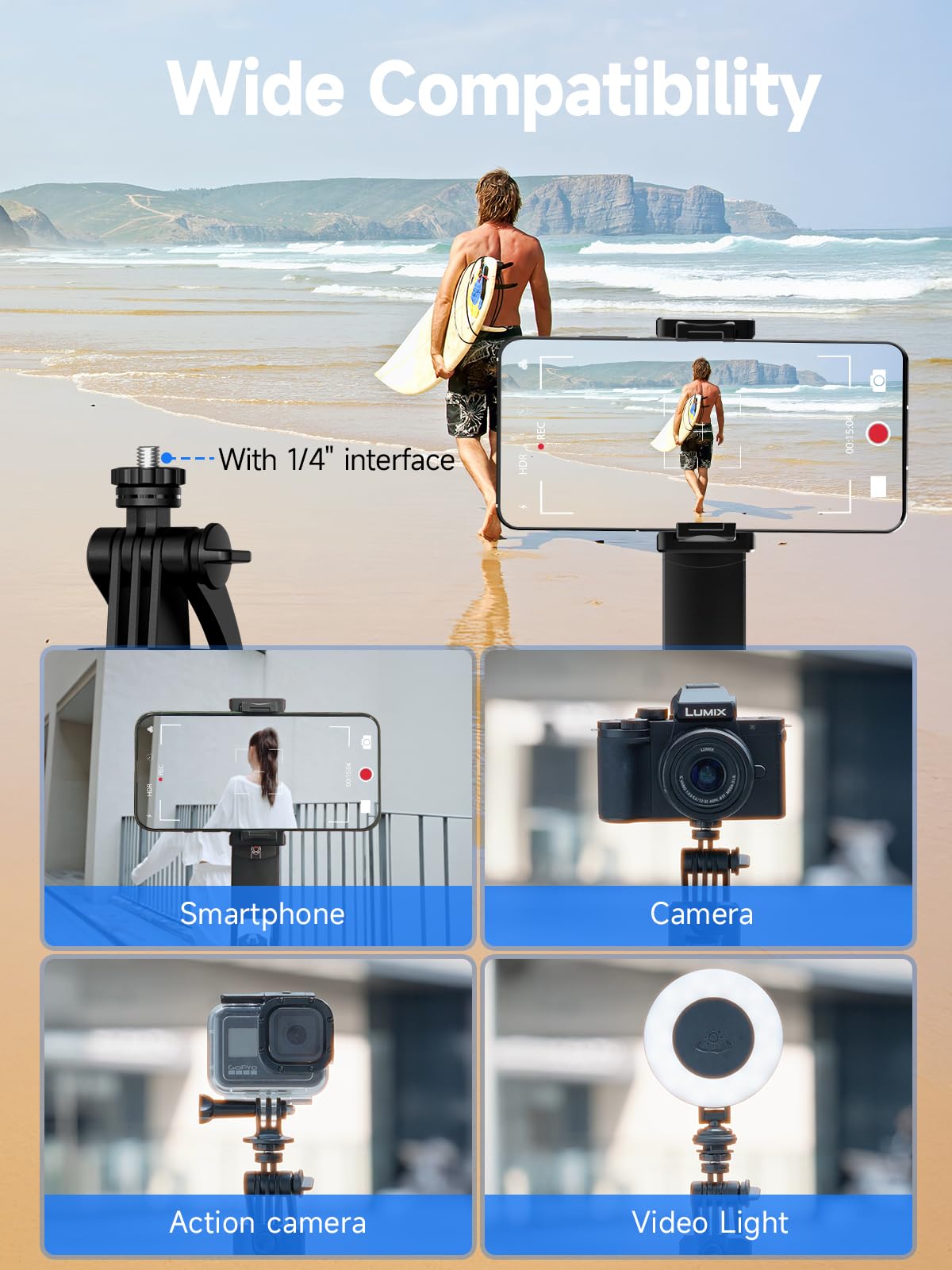 Rollei Easy Creator Quadpod z AI Tracking 360, automatyczne śledzenie twarzy, kijek do selfie z pilotem zdalnego sterowania do filmowania, do Tiktok Live Streaming Vlog, statyw do telefonu komórkowego