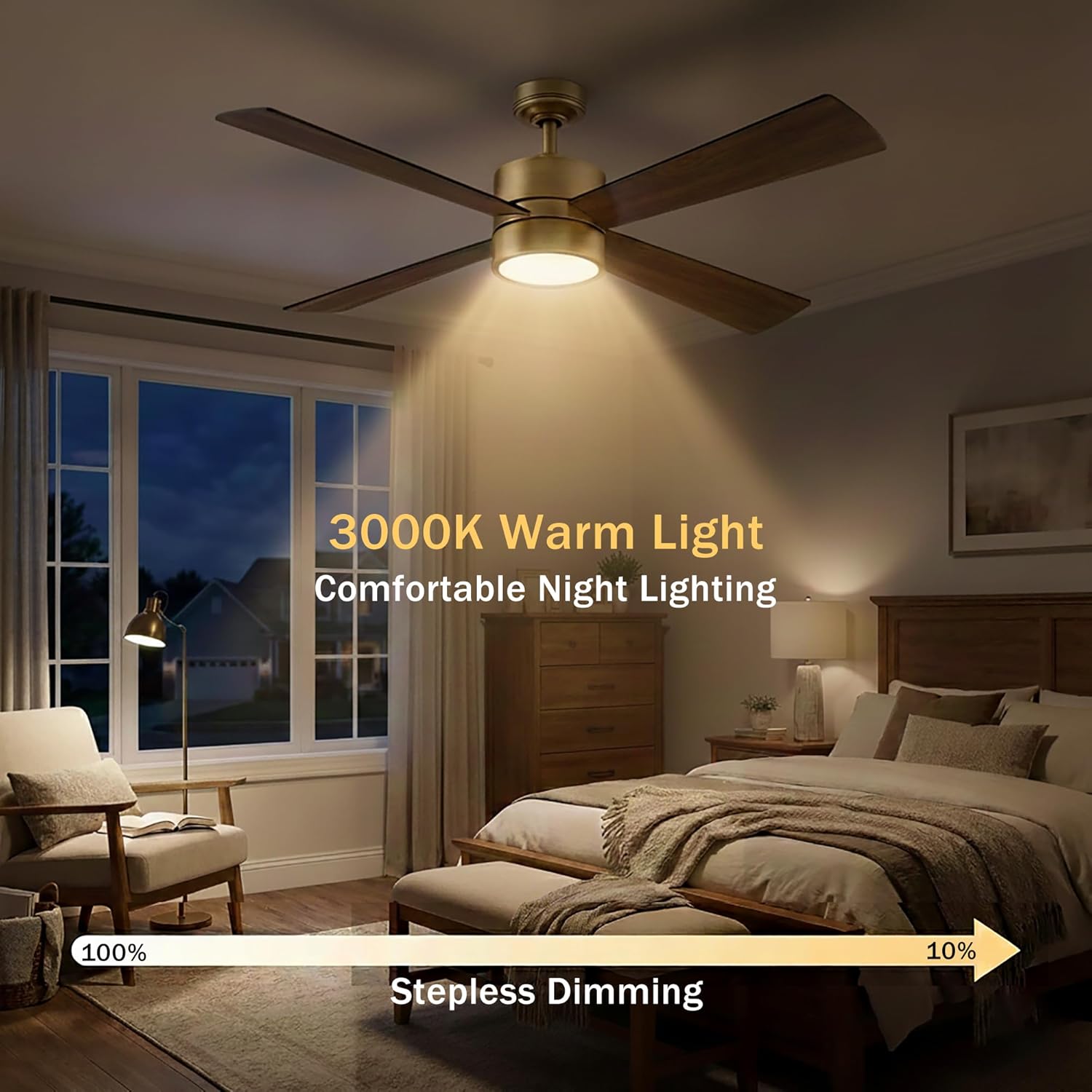 Image showing the ceiling fan's 3000K warm light with a stepless dimming feature from 100% to 10% brightness.