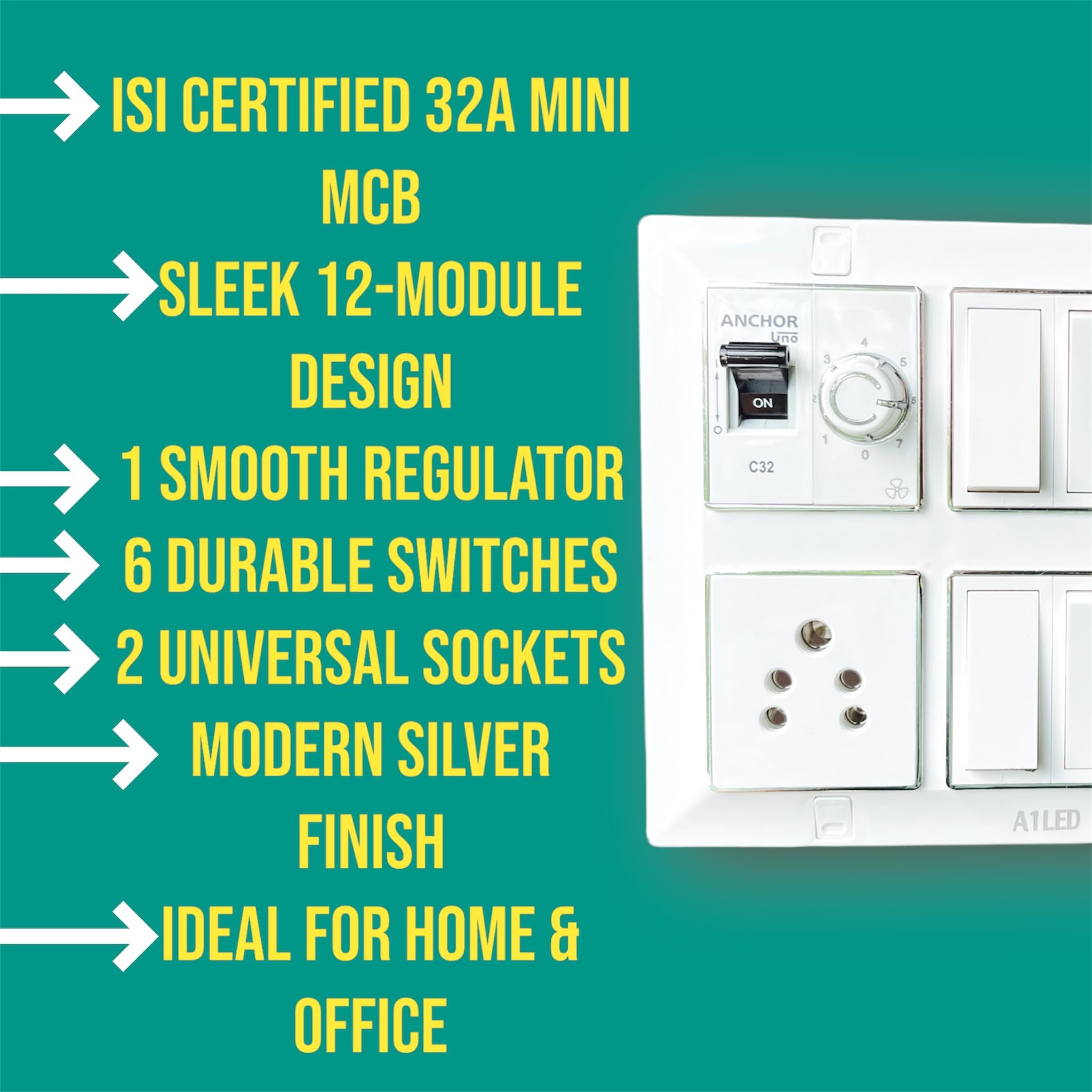 12 Module Silver Line Electrical Panel | 32A Mini SP MCB | 1 Fan Regulator, 6 Switches, 2 Universal Sockets - Premium Modular Design for Homes & Offices 2