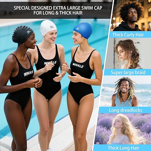 Miniatura 4 de WHALE Gorro de natación extragrande para mujeres y hombres, antideslizante, de alta elasticidad, mantiene el cabello seco, unisex, tamaño grande,