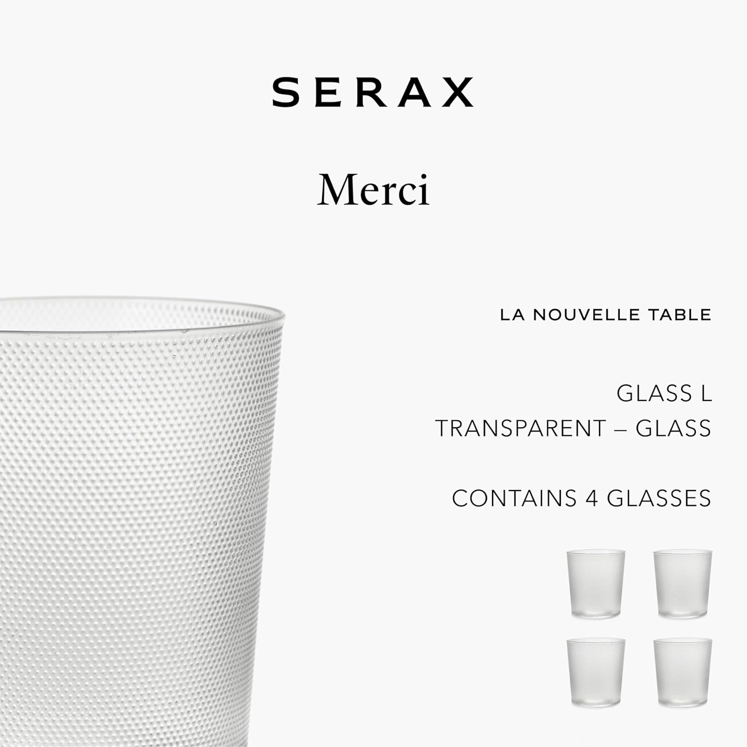 Serax Large Drinking Glasses Set of 4 | La Nouvelle Table glassware by Merci | Ribbed Clear Water Glass Cups without Lids | Home Essentials, Kitchen Set | Suitable for Beer, Juice, Coffee