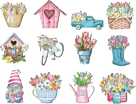 GWAWG Wooden Spring Decoration, Hanging Ornaments with Tulips, Gnomes, Umbrellas, D cor for Branches, Windows, Doors, Gardens, Easter, Mother's Day Summer Garden D cor 12pcs
