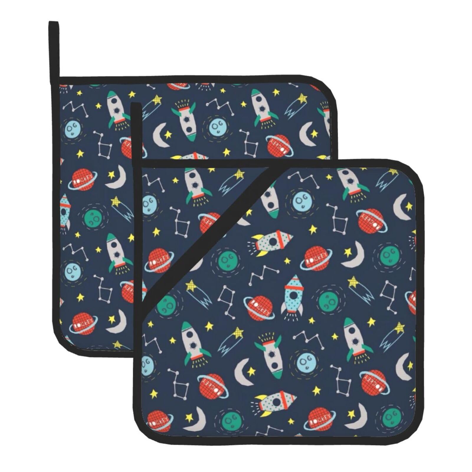 rocket clipart space ship Heat Resistant Pot Holders Set of 2 Non-slip Hot Pads with Hanging Loop for Kitchen Cooking Baking BBQ
