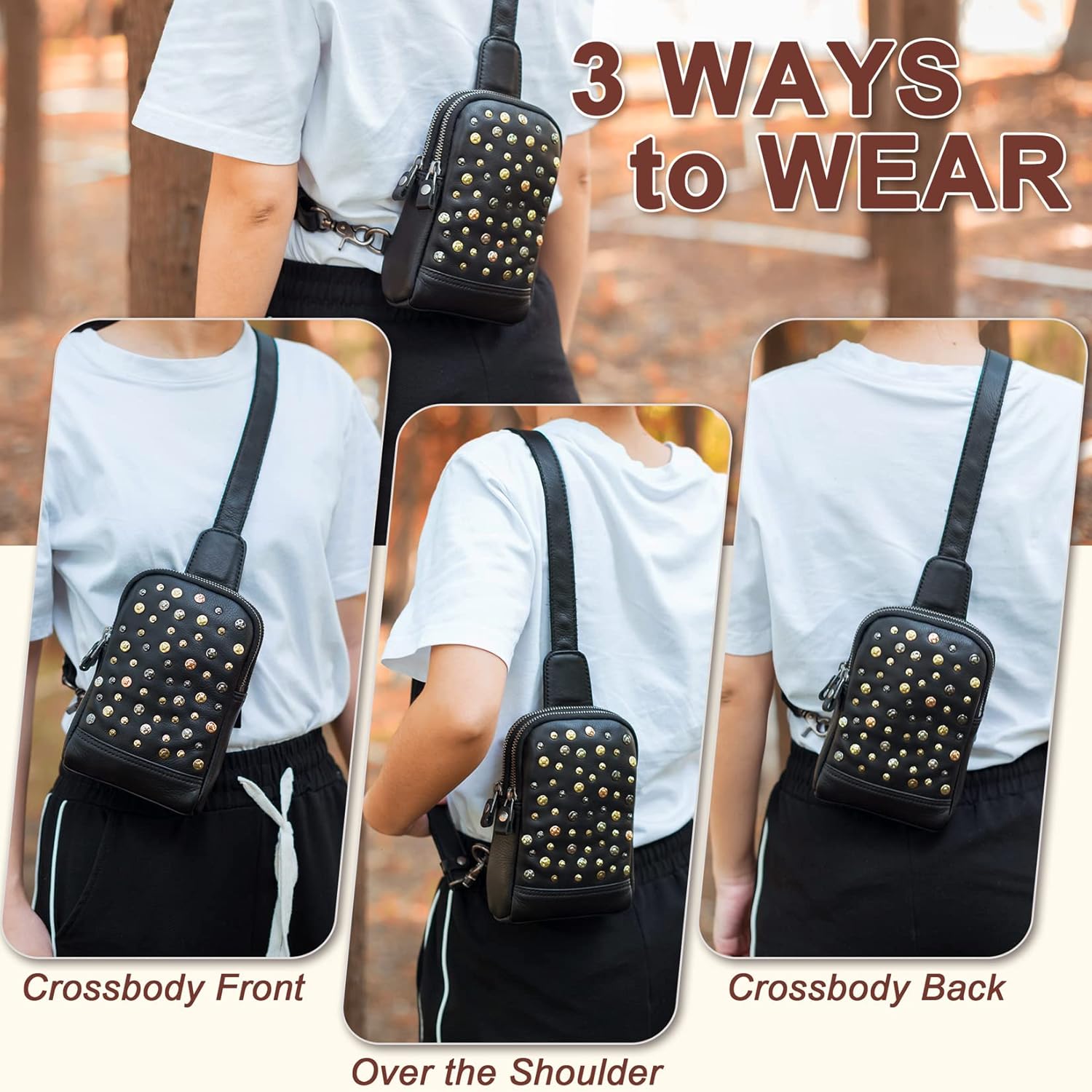 Miniatura 2 de CENUNCO Bolso bandolera de cuero genuino para mujer, bolso cruzado de cuero pequeño para teléfono, estilo remache, estilo remache, bolso negro