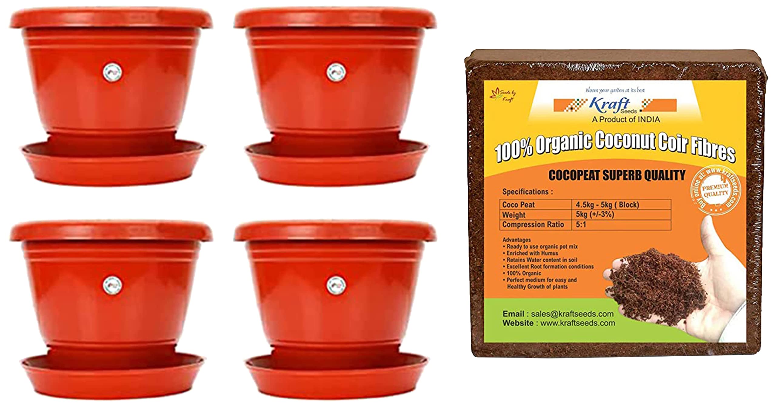Kraft Seeds 8-inch Garden Balcony Flowering Planter with Bottom Plate/Tray (Red/Terracotta, Pack of & Compressed CocoPeat Block, 5Kg Combo (B087D522KV) Amazon Price History, Amazon Price Tracker