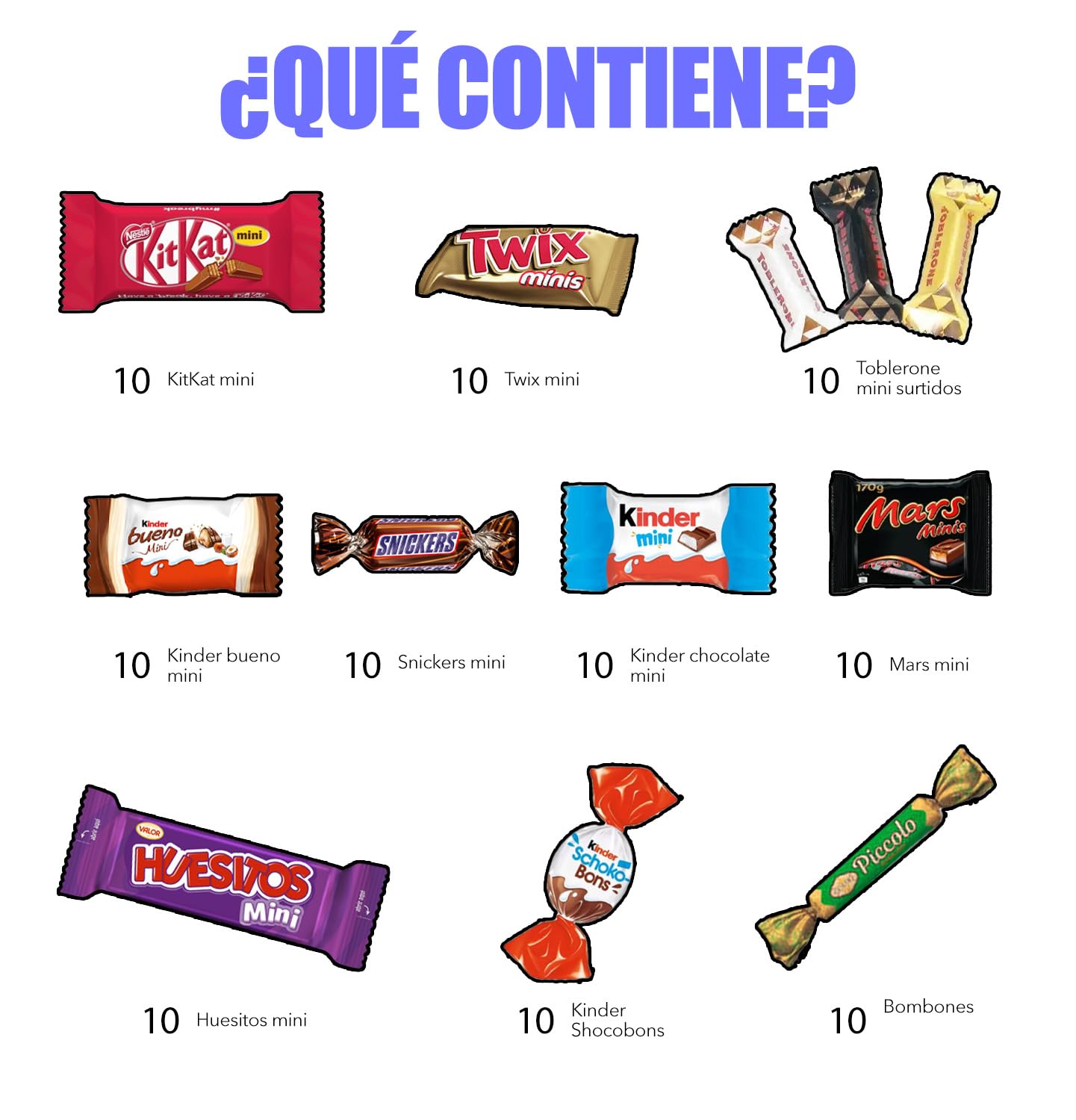+100 Unidades Surtido de Mini Chocolates | Regalo Original Caja Gourmet Chocolates MINI I Versiones Miniatures de Kit Kat, Toblerone, Kinder Bueno, Twix, Snickers, Kinder Chocolate, Shochobons y Mars
